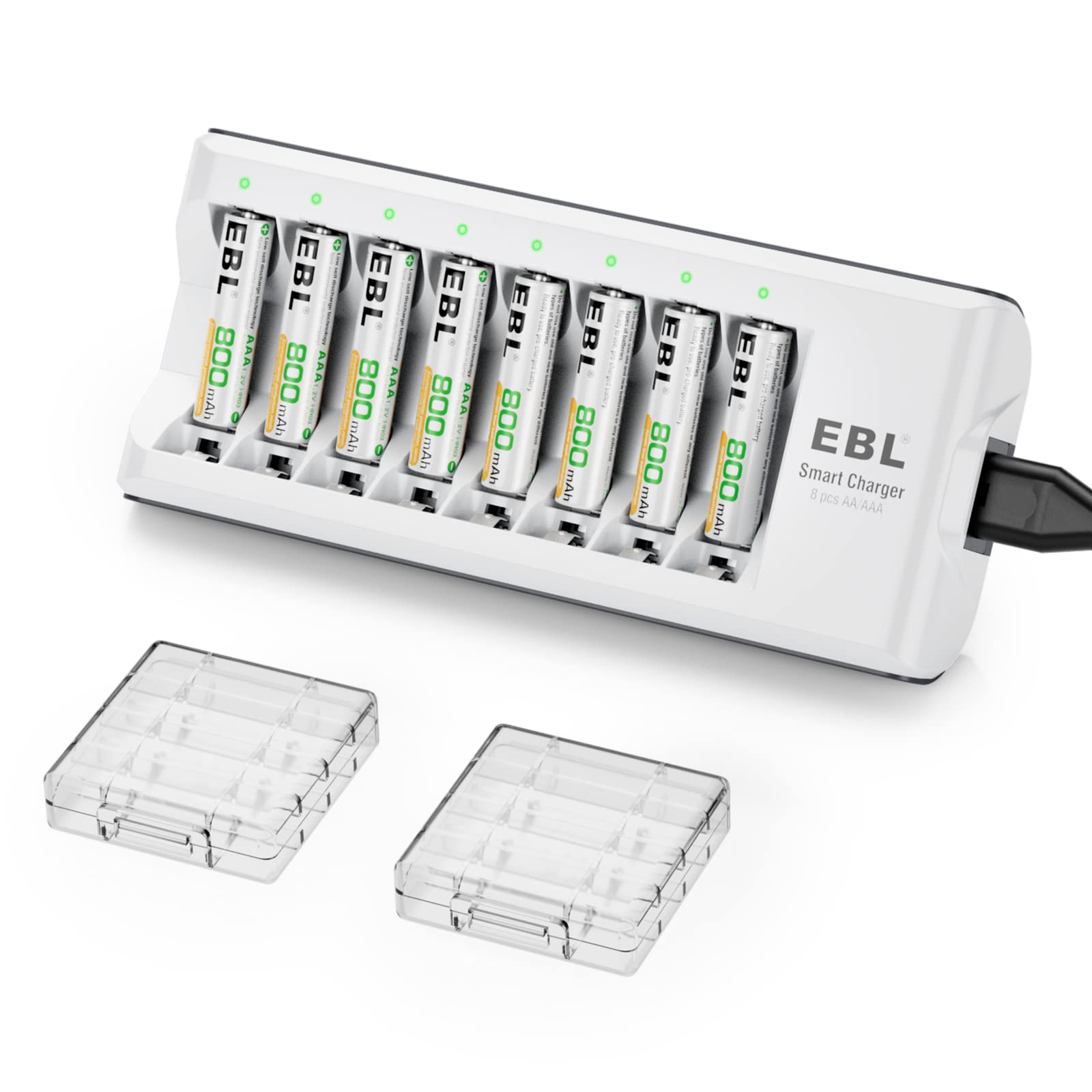 EBL 8-Pack AAA NiMH Rechargeable Batteries 800mAh with Smart 8-Slot Charger - Perfect for Toys, Flashlights, and Electronics | Long-Lasting Power Solution