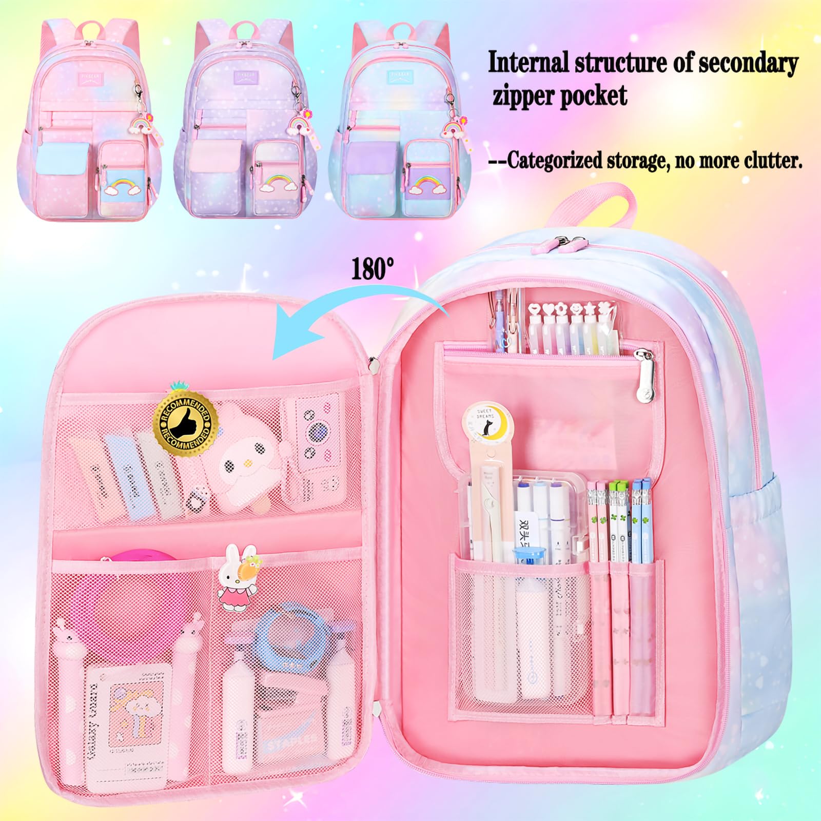 **Cute Rainbow Backpack for Girls & Kids - Aesthetic Starry School Backpack with Pen Holder, Laptop Travel Bag for Students, Teens, and Daily Use**
