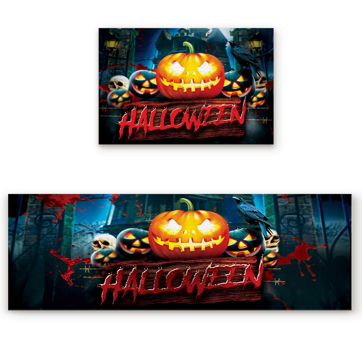 Victories Non-Slip 2-Piece Kitchen Rug Pad Set - Cushioned Halloween Doormat with Pumpkin, Castle, Bat & Skull Design - Perfect for Kitchen, Living Room, Bedroom Floor Protection & Halloween Decor