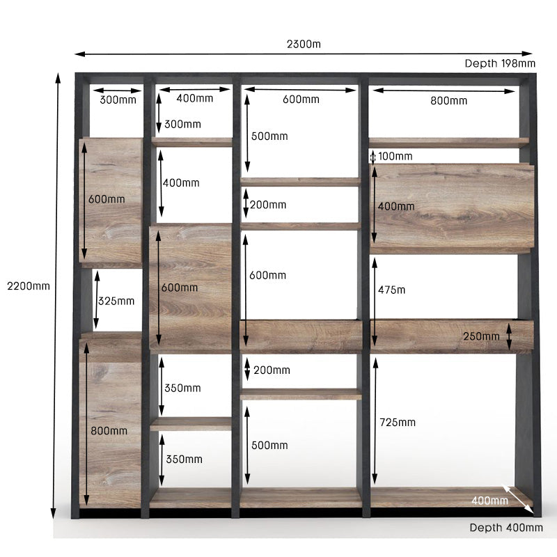 BARON Display Unit 230cm Warm Oak & Black - Modern Bookshelf for Living Room, Office & Bedroom Storage