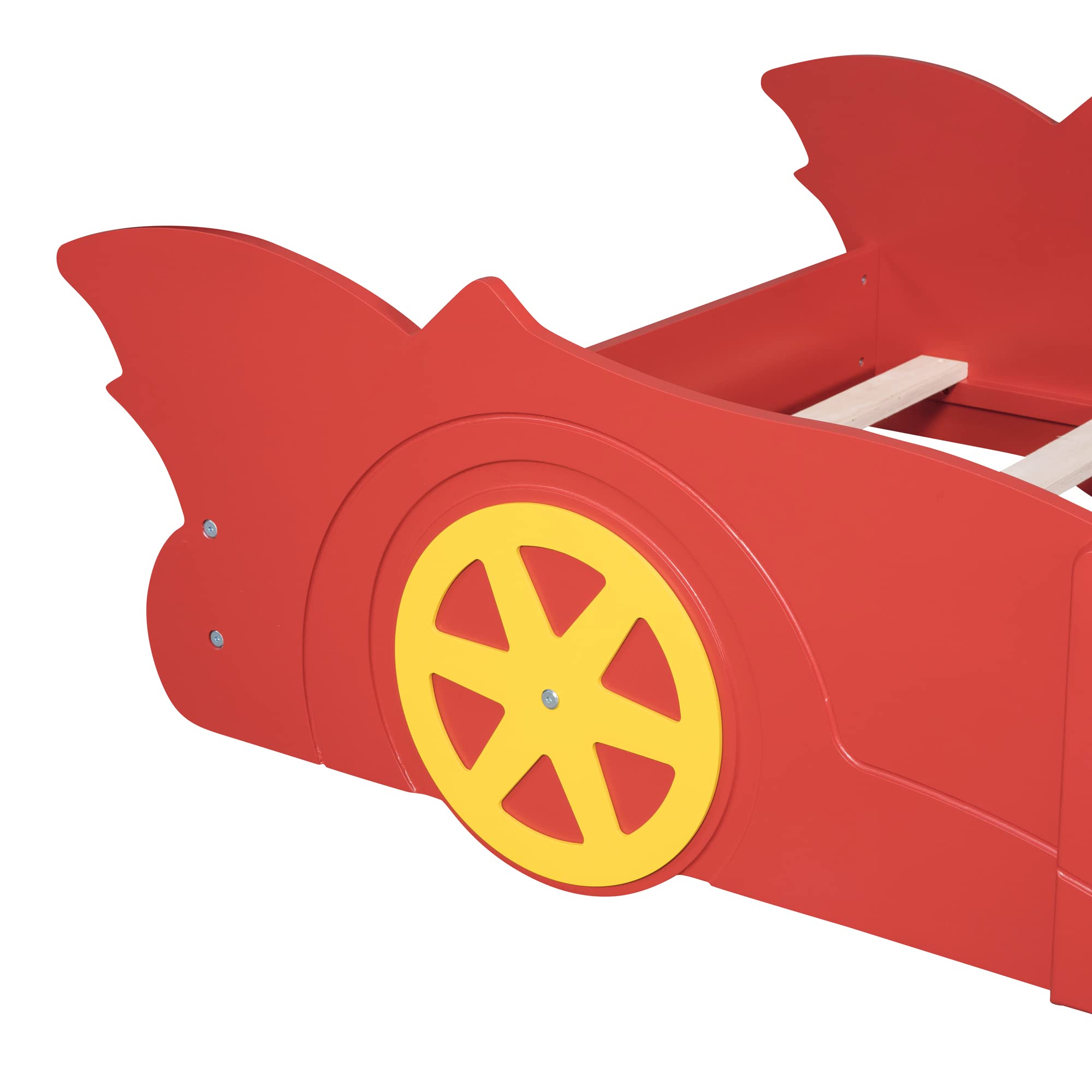 P PURLOVE Twin Size Race Car-Shaped Platform Bed with Wheels & Slats - Sturdy Wood Floor Bed Frame for Kids, Boys & Girls - Perfect for Bedrooms, Playrooms & Themed Kids' Rooms