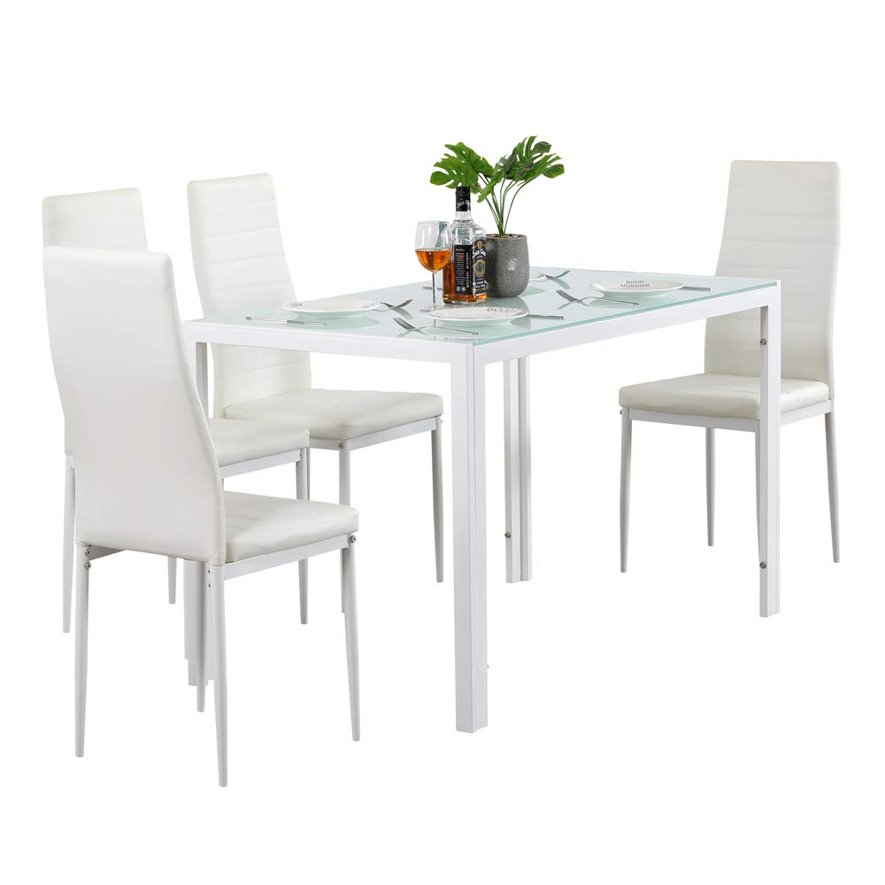 Modern 5-Piece Dining Table Set with Tempered Glass Top & 4 Faux Leather Chairs (White) - Perfect for Small Spaces, Apartments, and Cozy Family Meals