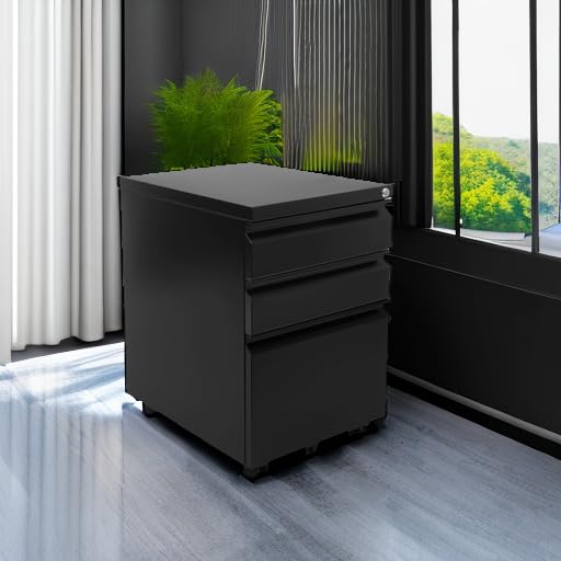 Mount-It! 3-Drawer Locking File Cabinet on Wheels - Black Under Desk Storage Organizer for Legal, Letter & A4 Files | Perfect for Home Office, Small Spaces & Mobile Document Storage
