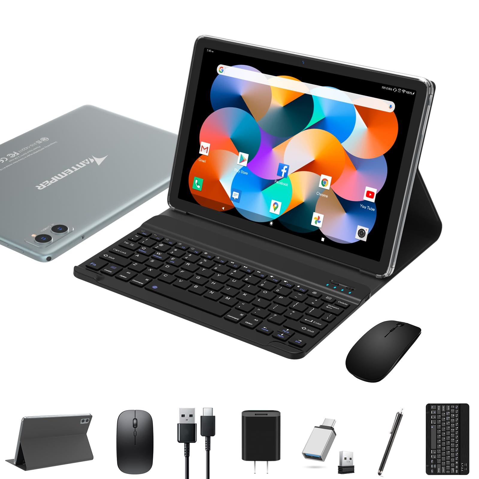 2-in-1 Android Tablet with Keyboard - 10 Inch 128GB Storage, 8GB RAM, 1TB Expandable, Octa-Core Processor, 13+8MP Dual Camera, 5G WiFi, Bluetooth, GPS - Includes Foldable Case, Mouse & Stylus (Gray) - Perfect for Work, Study & Entertainment