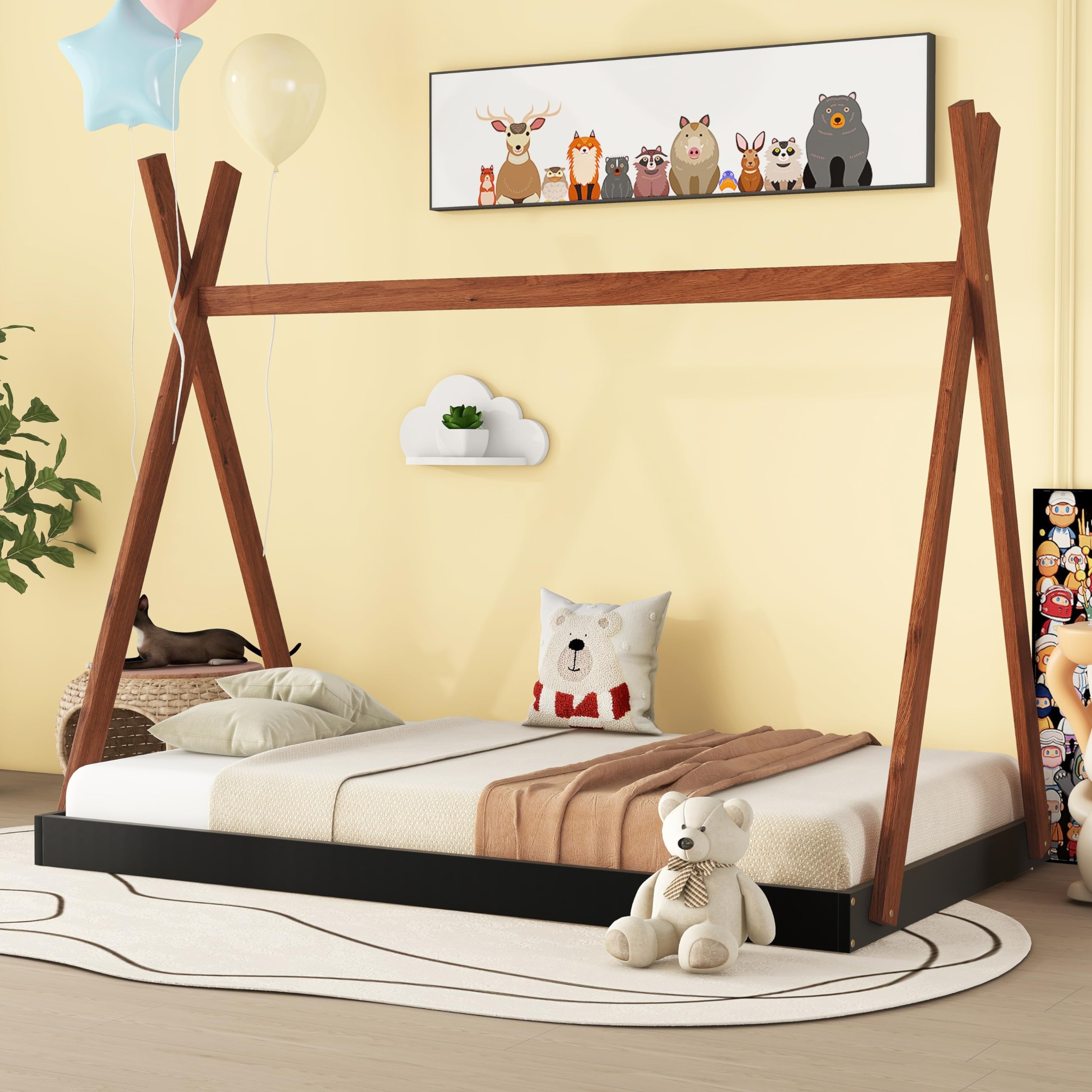 Bellemave Twin Size Tent Floor Bed Frame with Triangle Structure - Teepee Bed Platform for Kids, Montessori Floor Bed for Boys and Girls (Twin, Black + Brown) - Perfect for Playrooms, Bedrooms & Montessori Learning Spaces