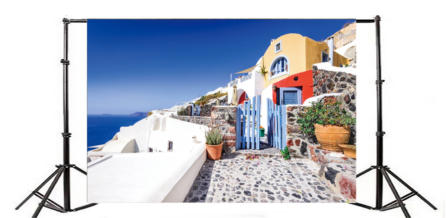 Santorini Greece Backdrop 6x4ft - Aegean Seascape Photography Background for Travel, Family Portraits & Photo Booth - Vinyl Wallpaper Studio Prop for Weddings, Parties & Events