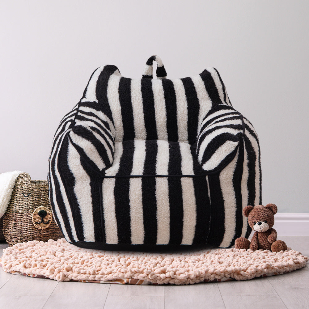 MAXYOYO Kids Bean Bag Chair - Soft Sherpa Bean Bag Couch with Decorative Edges for Boys & Girls | Comfortable Seating for Bedroom, Playroom & Reading Nook (Stripe Black)