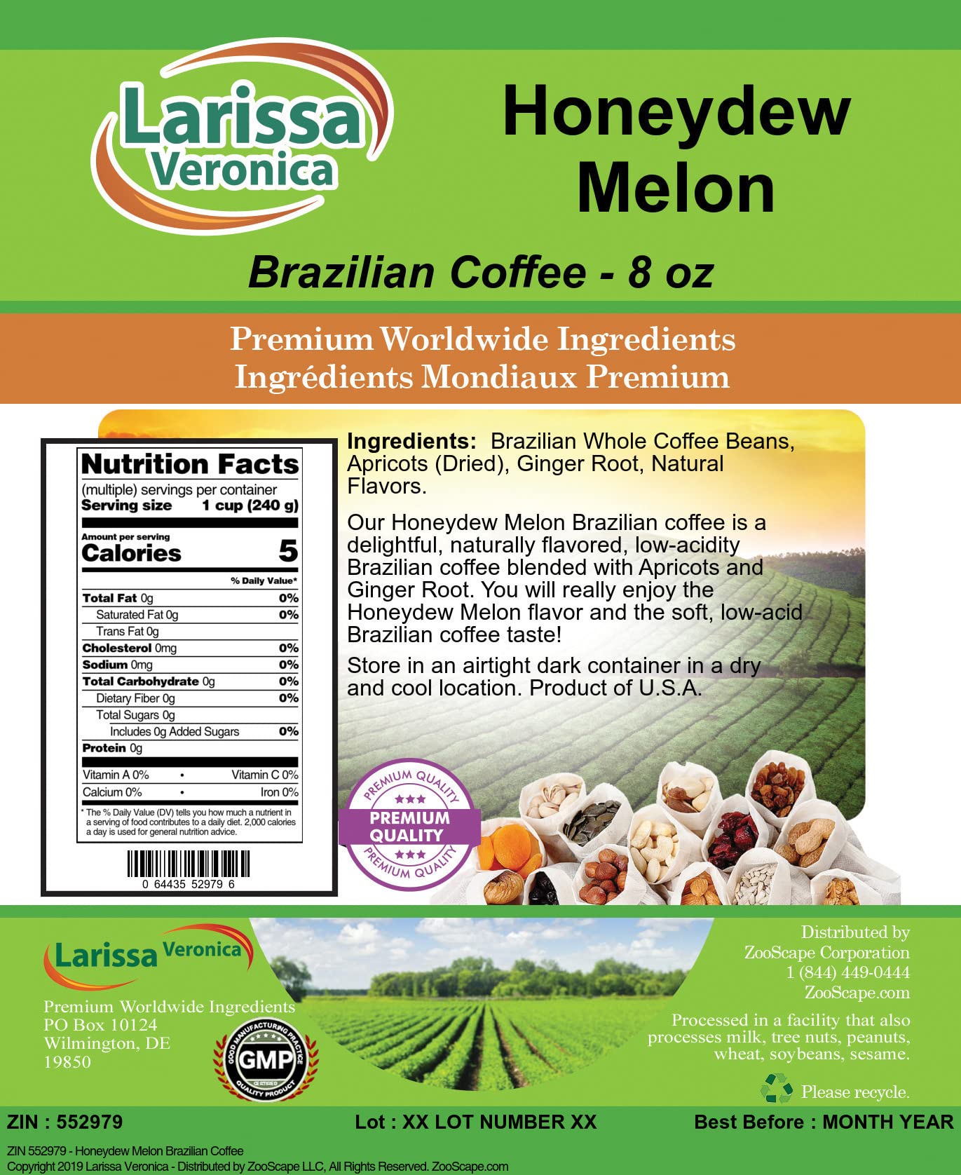 Premium Brazilian Honeydew Melon Flavored Coffee Beans - Gourmet Whole Bean Coffee, Naturally Flavored, 8 oz Bag - Perfect for Morning Brew, Afternoon Pick-Me-Up & Gift Giving
