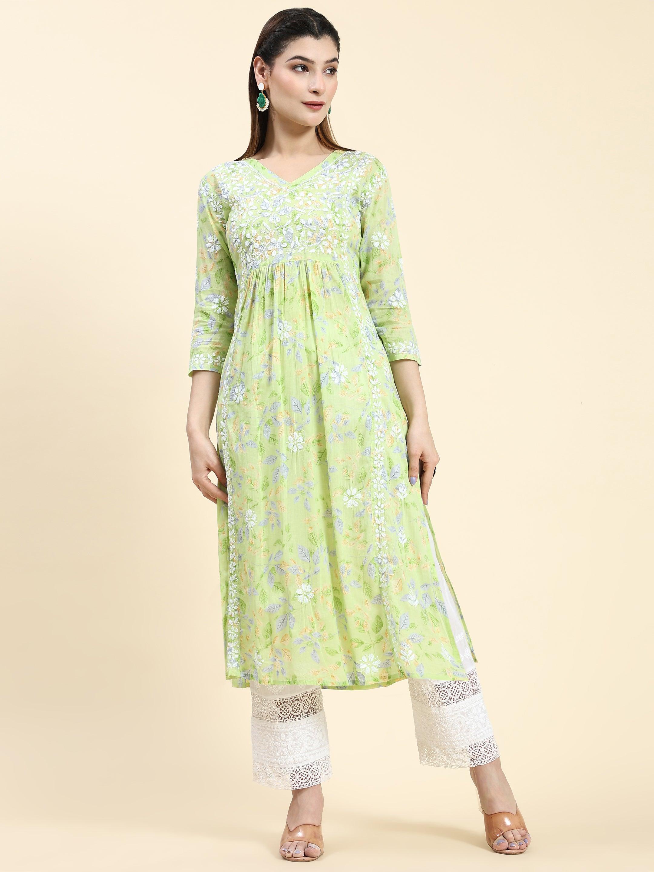 Elegant Samma Chikankari Long Kurta for Women - Soft Mul Cotton Light Green Embroidered Tunic - Perfect for Festivals, Weddings & Casual Wear