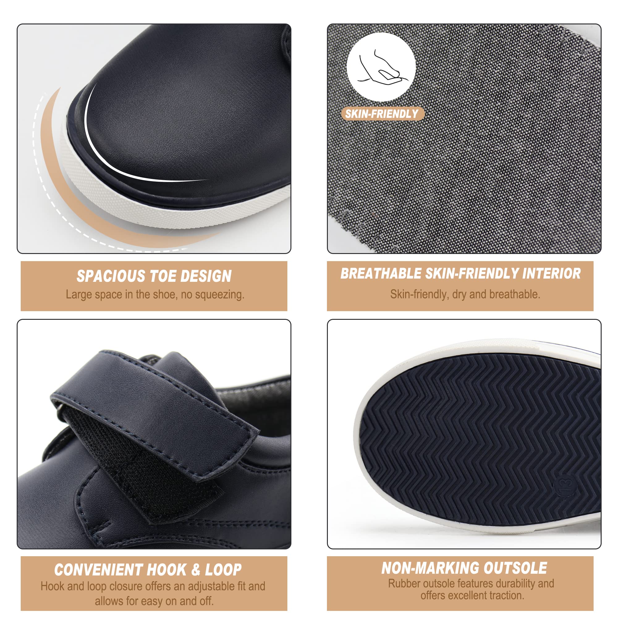 Firelli Boys Loafers - Hook & Loop Dress Shoes for School Uniforms | Comfortable Kids Oxford Shoes for Casual Wear & Daily Activities