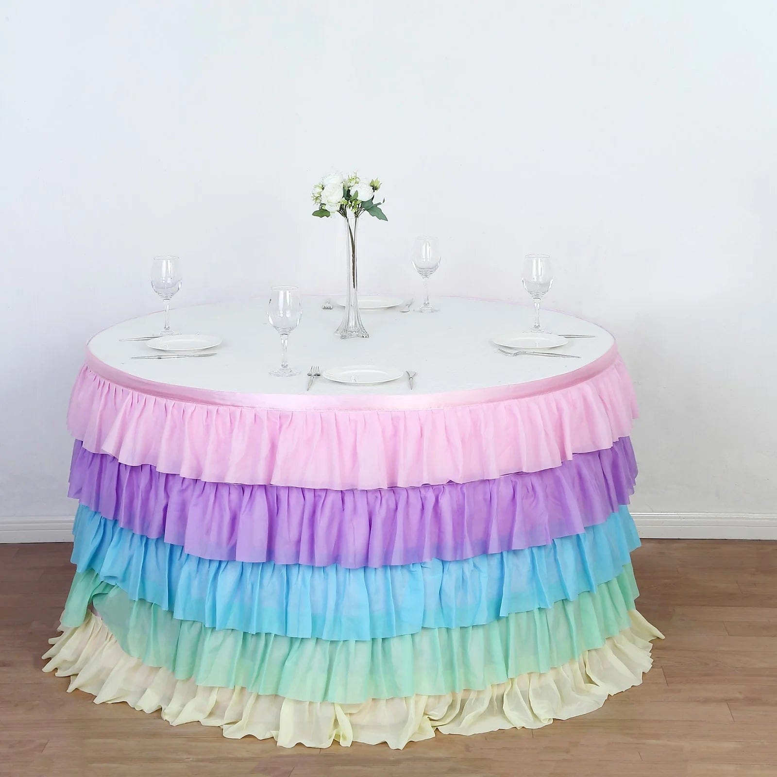 14 ft Chiffon 5 Tier Ruffled Tutu Table Skirt with Satin Backing - Elegant Party Decor for Weddings, Baby Showers & Banquets