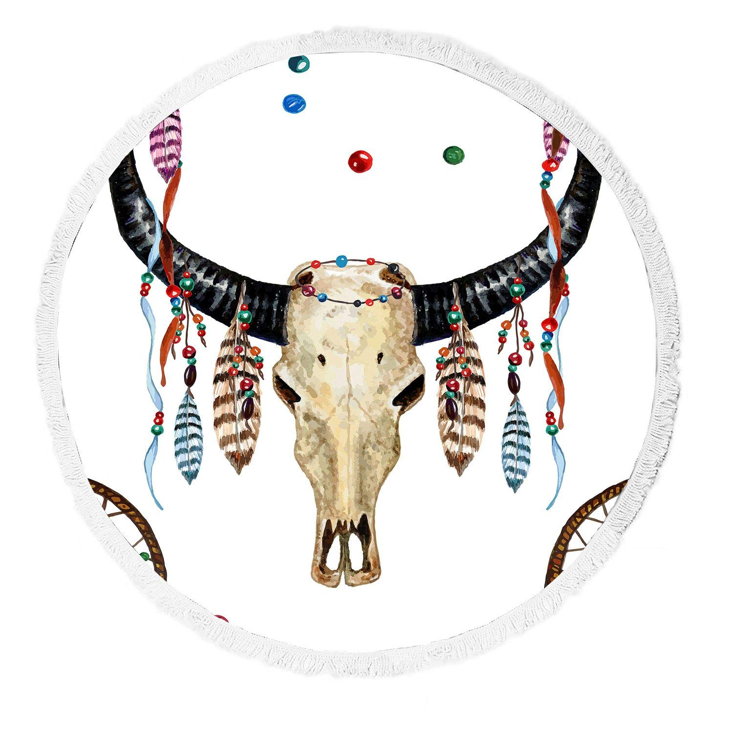 ABPHQTO Watercolor Buffalo Skull Feather Ribbon Beach Towel - Soft Tassel Blanket for Beach, Yoga, Picnic & Outdoor Activities | Sandproof Quick-Dry Blanket for Pool, Camping, Travel and Lounging