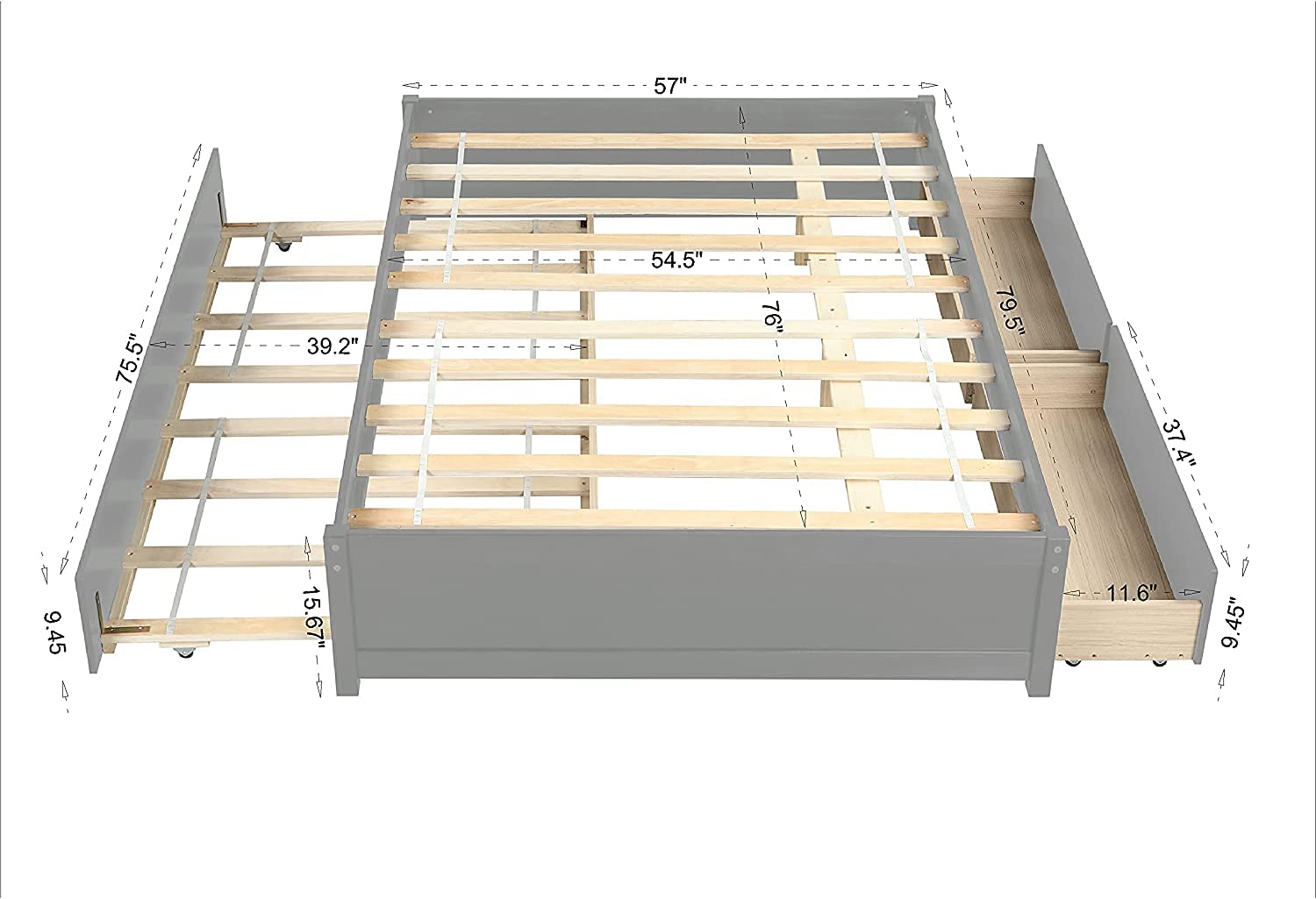 **Rophefx Solid Wood Full Size Platform Bed with Twin Trundle & 2 Drawers - Grey - Kids Bedroom Furniture for Space Saving & Guest Sleepovers**