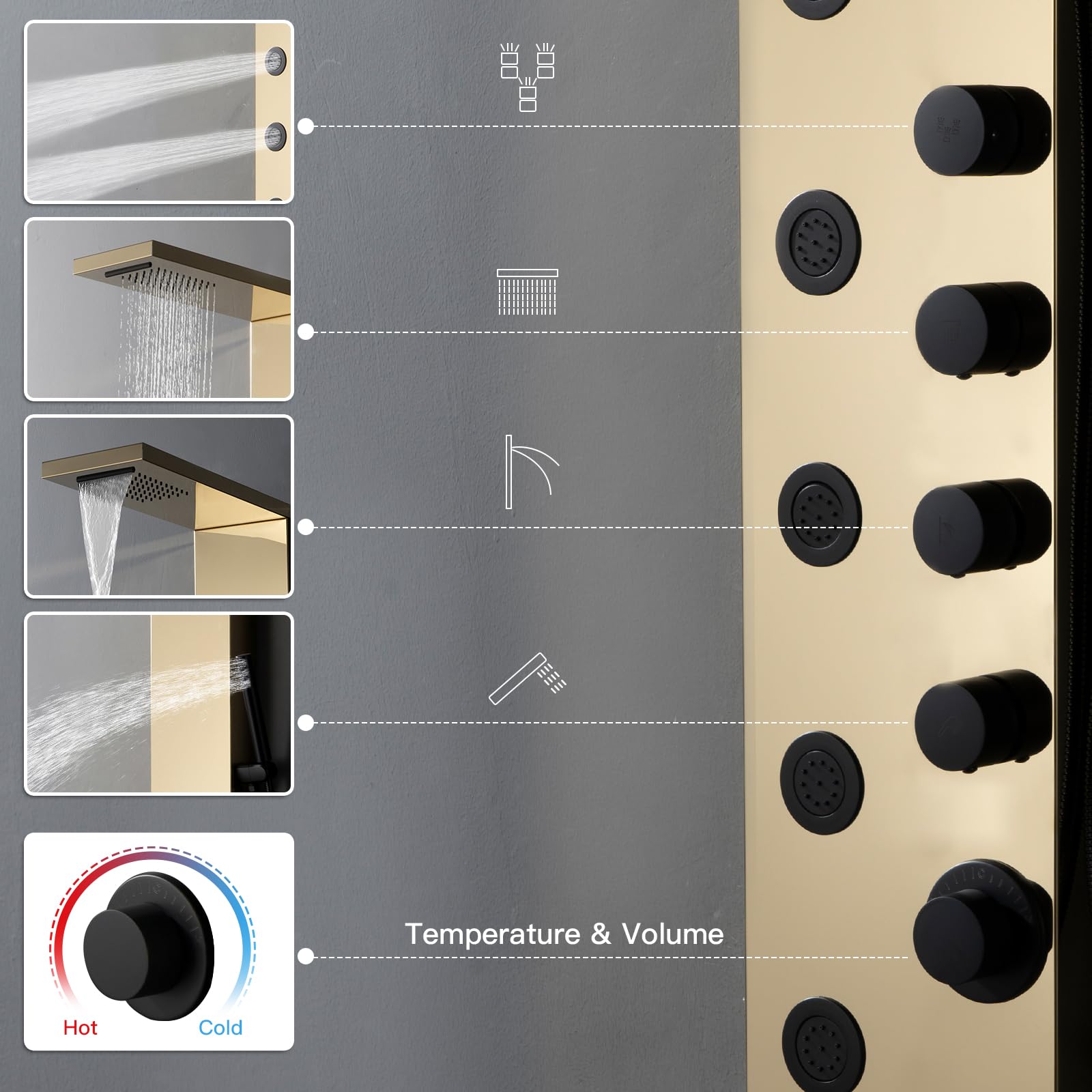 Premium Stainless Steel Rainfall Shower Panel Tower with 5 Adjustable Body Jets - Wall Mounted Waterfall Shower System in Polished Gold & Black - Perfect for Luxury Bathroom Spa Experience and Modern Home Renovation