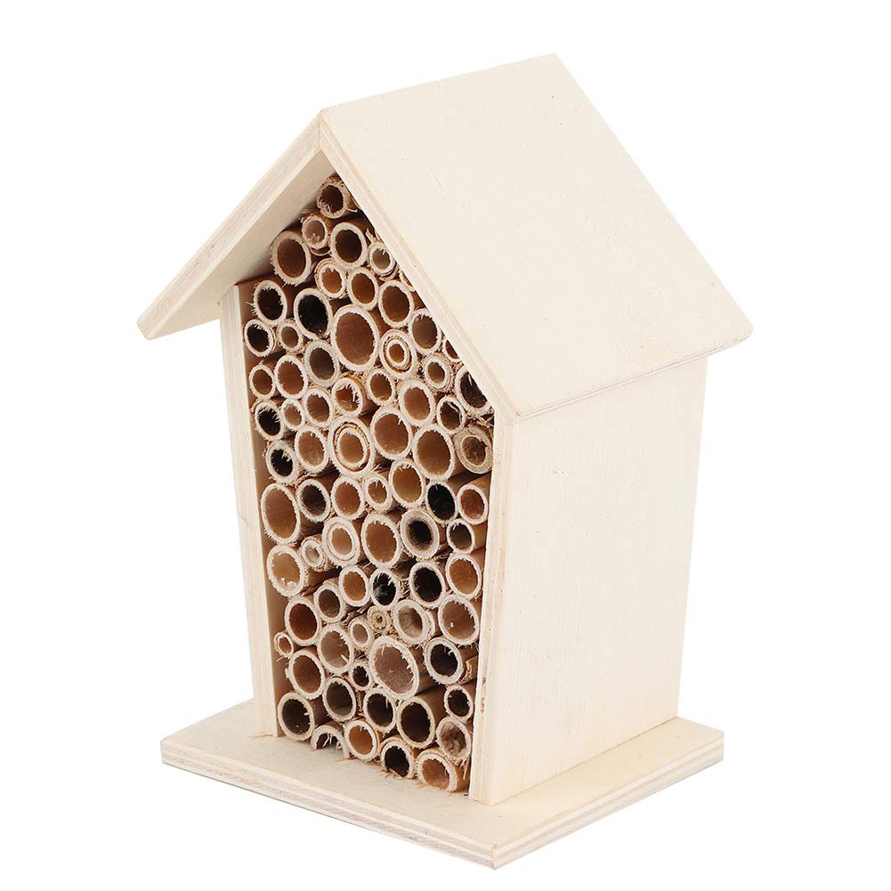Wooden Bee House for Garden - Natural Wooden Insect Hotel with Tubular Channels, Outdoor Balcony & Patio Decoration - Attracts Pollinators for Eco-Friendly Gardening