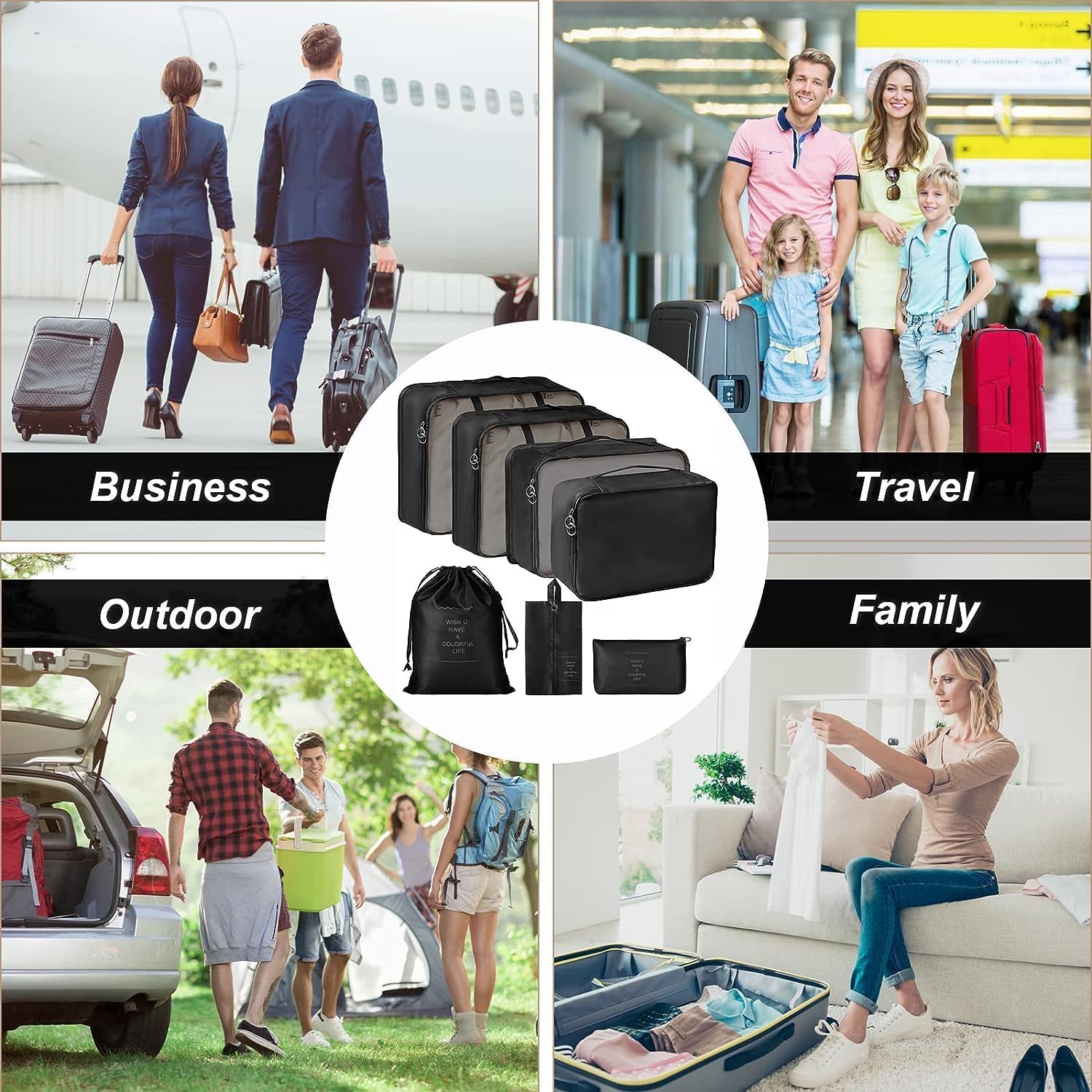 VERAT 7-Piece Travel Organizer Set - Packing Cubes for Clothes & Toiletry Bag - Lightweight Luggage Organizers for Women - Perfect for Vacations, Business Trips & Weekend Getaways (Black)