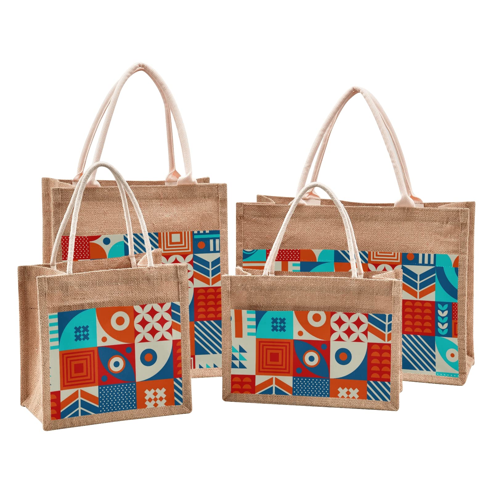 Eco-Friendly Jute Tote Bag with Geometric Pattern - 4 Size Options, Reusable Beach & Grocery Shopping Bag with Sturdy Handles for Women | Perfect for Beach Outings, Farmers Market & Daily Errands