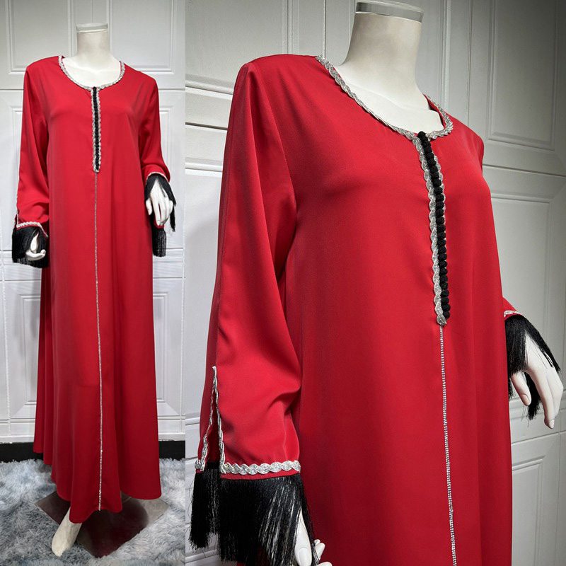 Hotfix Rhinestone Tassel Women's Caftan Kaftan Abaya Dress - Elegant Islamic Fashion for Parties, Weddings & Special Occasions