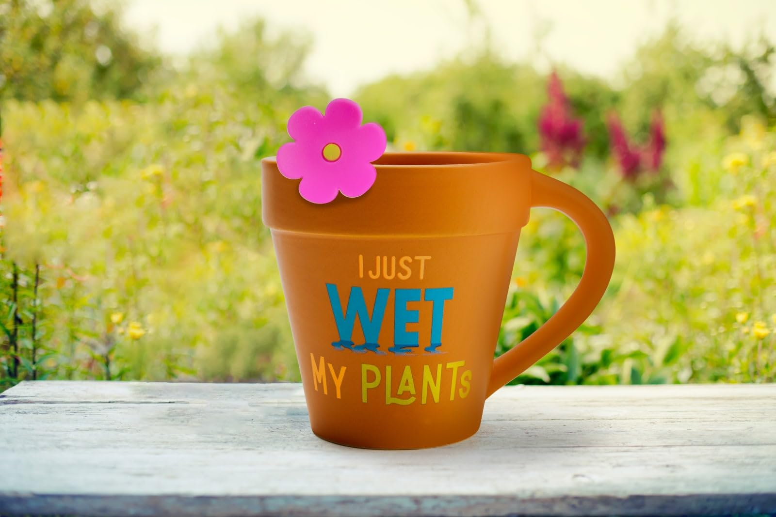 BigMouth Inc Terracotta Plant Mug with Pink Flower Tea Infuser - Funny 'I Just Wet My Plants' Tea Cup Set - Perfect Gift for Plant Lovers & Gardeners - Ideal for Herbal Tea, Office Decor & Gardening Gifts