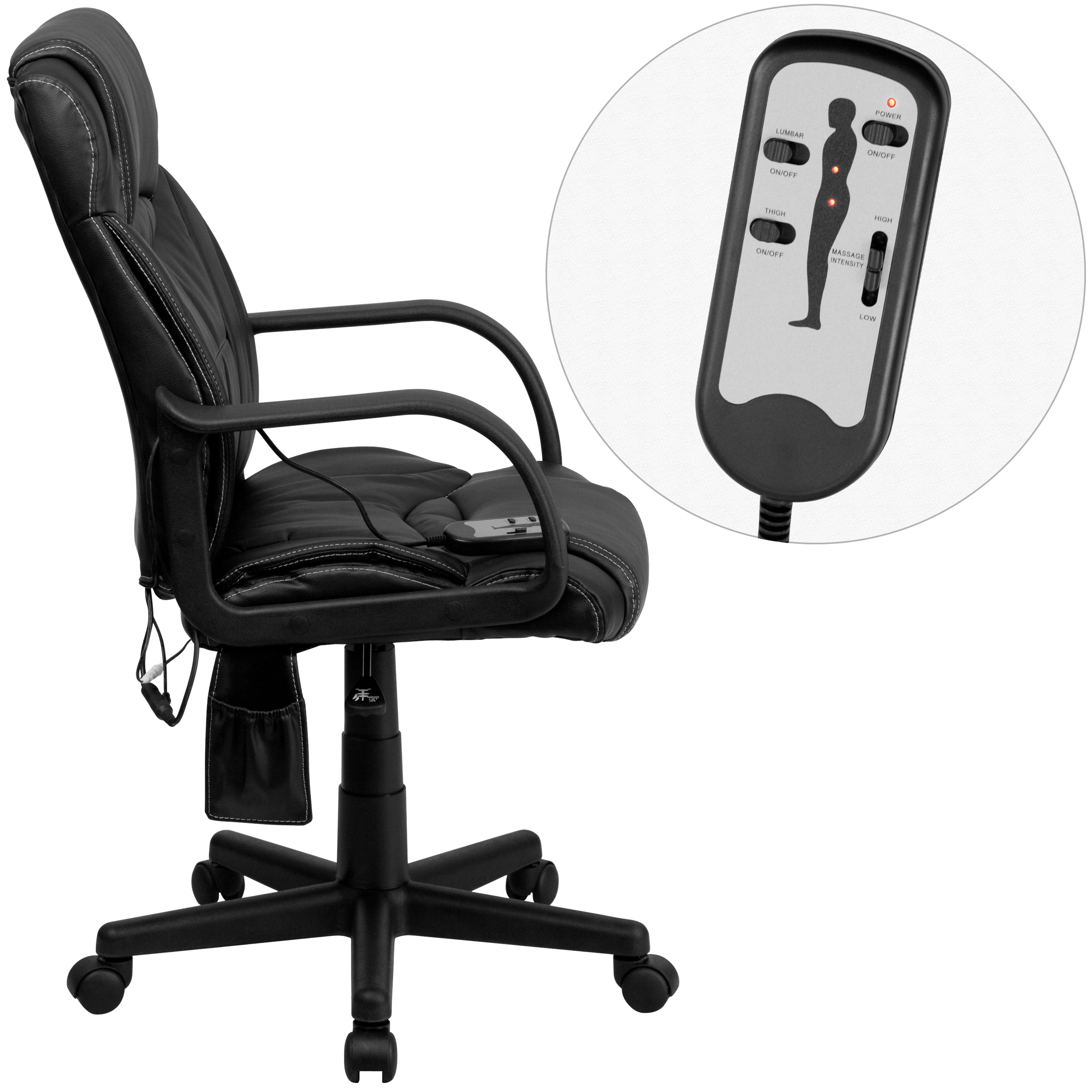 FLASH Laverne Mid Back Ergonomic Office Chair - Black LeatherSoft Executive Swivel Chair with Lumbar Support & Massage Function - Perfect for Home Office, Gaming, and Workspace Comfort