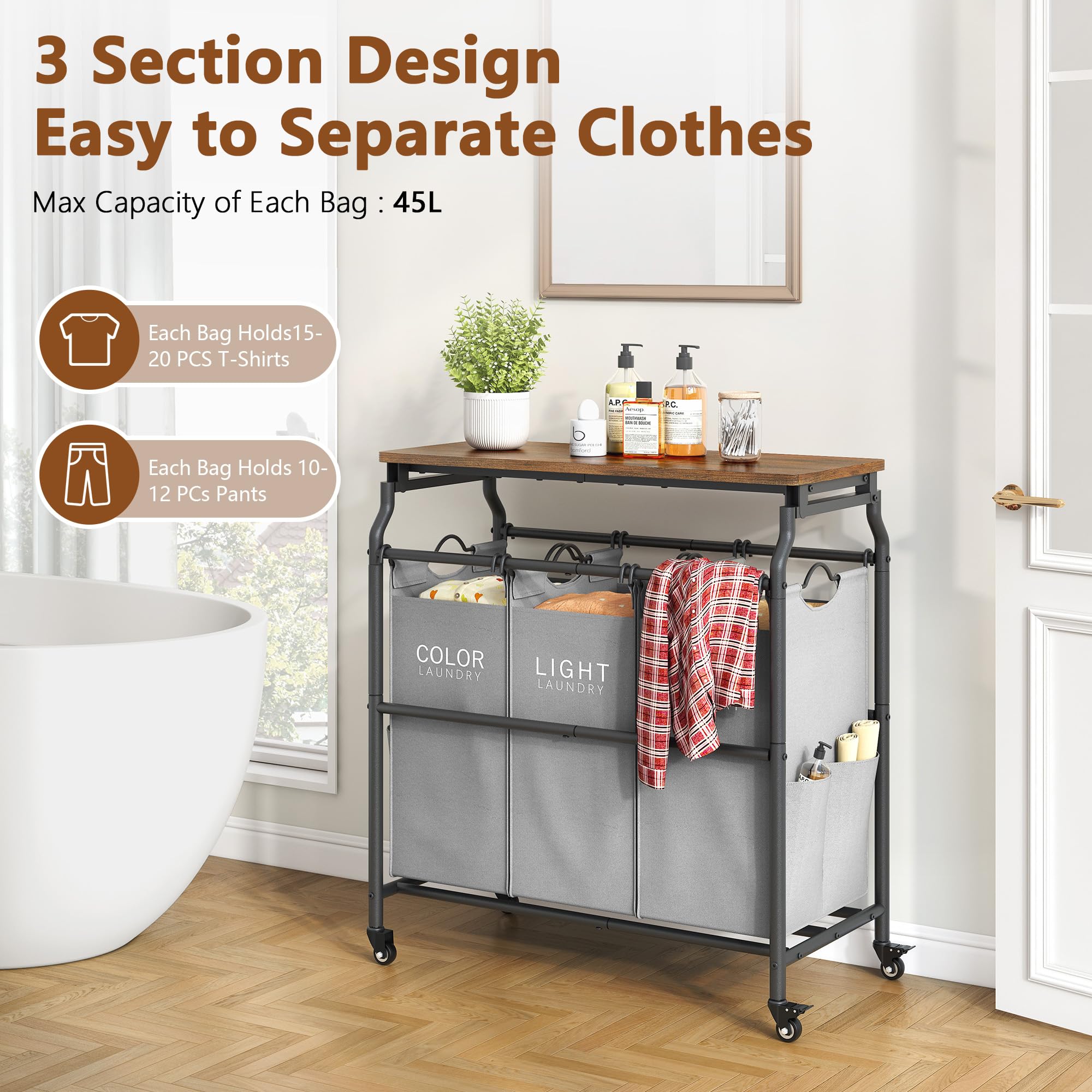 Hoctieon 3-Section Laundry Sorter Cart with Ironing Board & Removable Bags - Heavy Duty Rolling Laundry Hamper with Shelf & Wheels - Large Laundry Basket Organizer for Bedroom, Laundry Room & Dorm - Gray