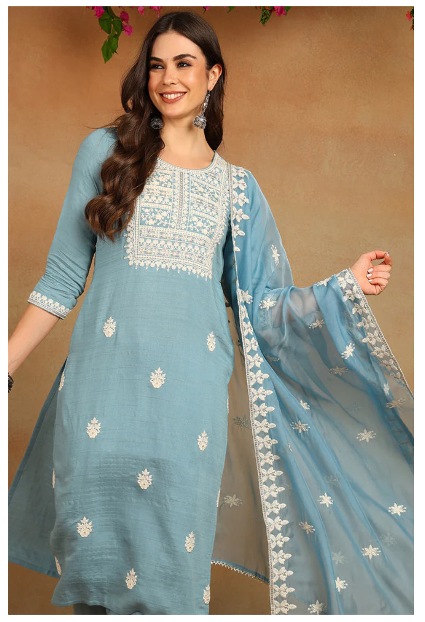 Elegant Blue Silk Blend Embroidered Kurta Set for Women | Traditional Indian Ethnic Wear | Perfect for Festivals, Weddings & Special Occasions