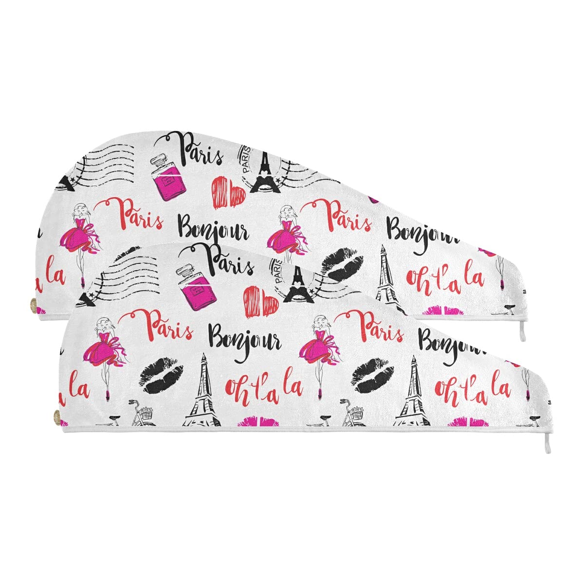 DOMIKING Bonjour Paris Eiffel Tower Hair Towel Wrap - 2 Pack Microfiber Hair Turban for Women, Quick Dry Anti-Frizz Hair Towel for Curly Hair - Perfect for Shower, Salon, Travel & Home Hair Care