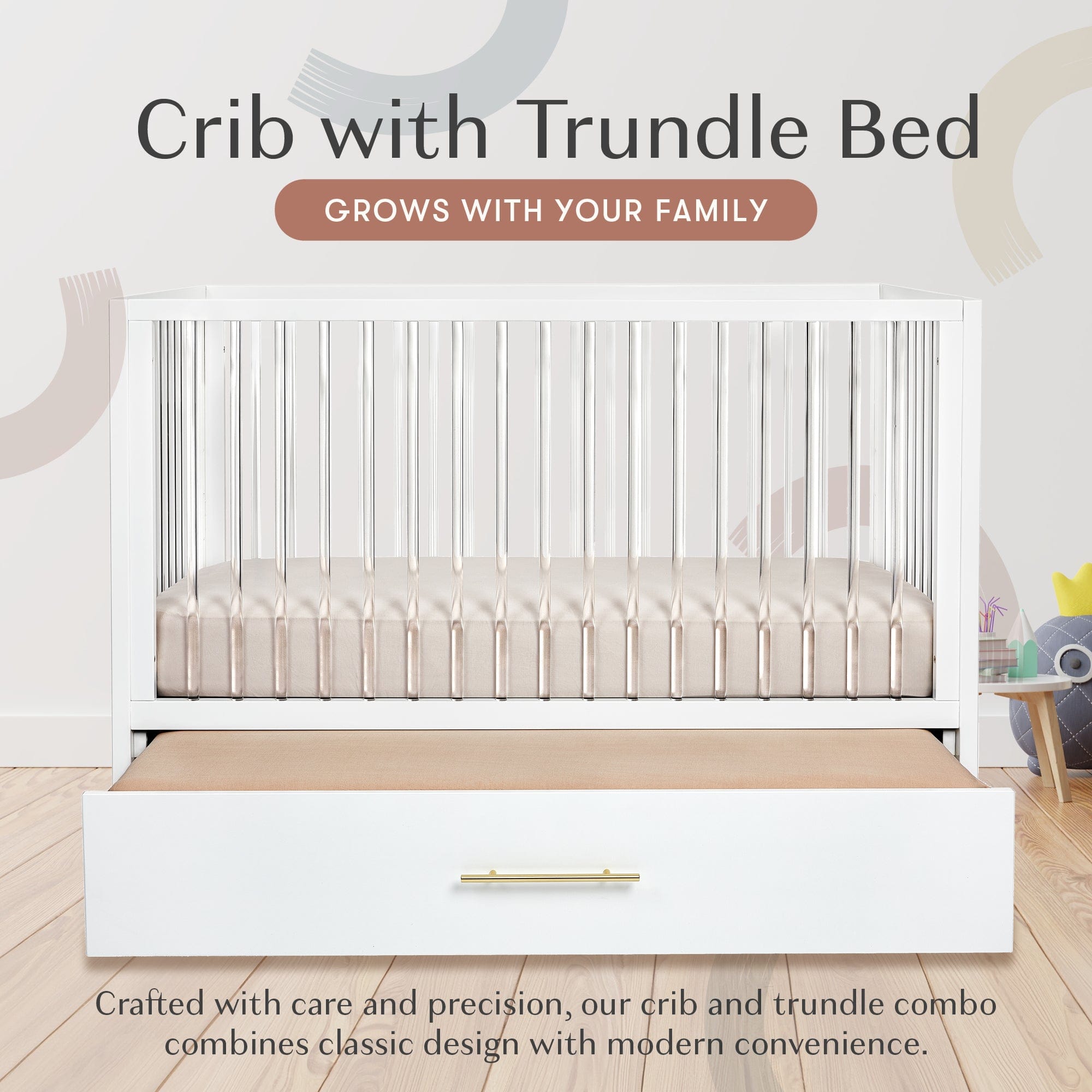 Hush Crib with Trundle - Gold Handle Convertible Baby Crib for Nursery - Perfect for Small Spaces & Shared Rooms