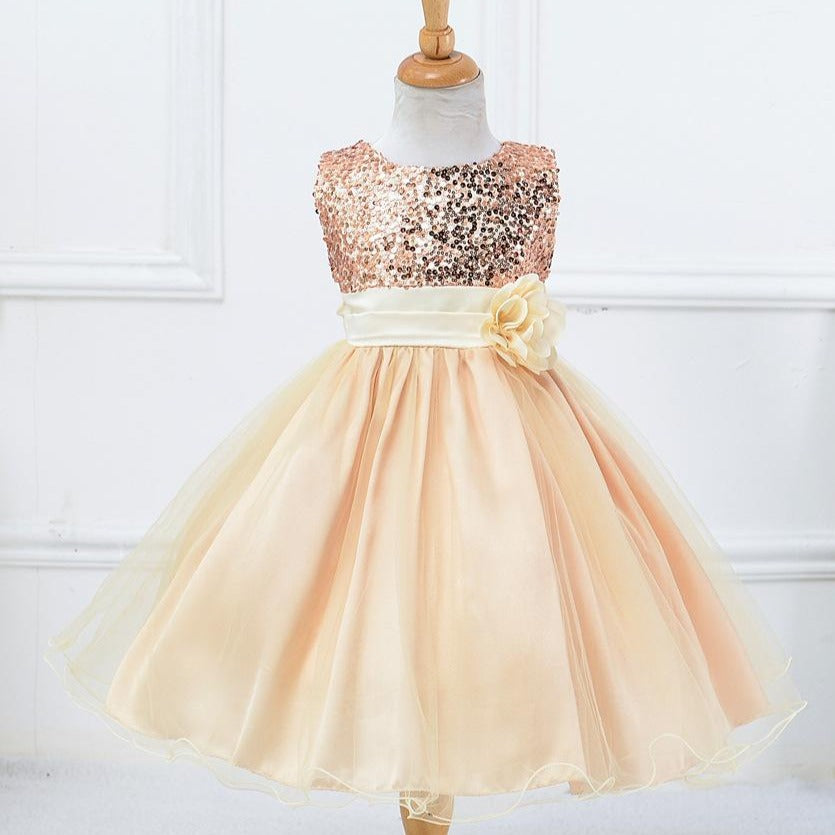 Elegant A-Line Tea Length Sequined Flower Girl Dress with Bows - Perfect for Weddings, Pageants & Special Occasions