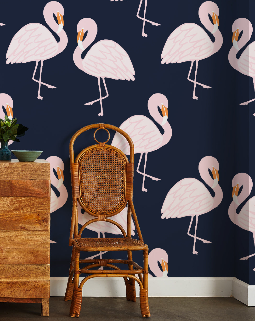 Flamingos Wallpaper by Tea Collection in Navy Blue - Tropical Flamingo-Themed Peel and Stick Wallpaper for Nursery, Bathroom, or Accent Wall Decor