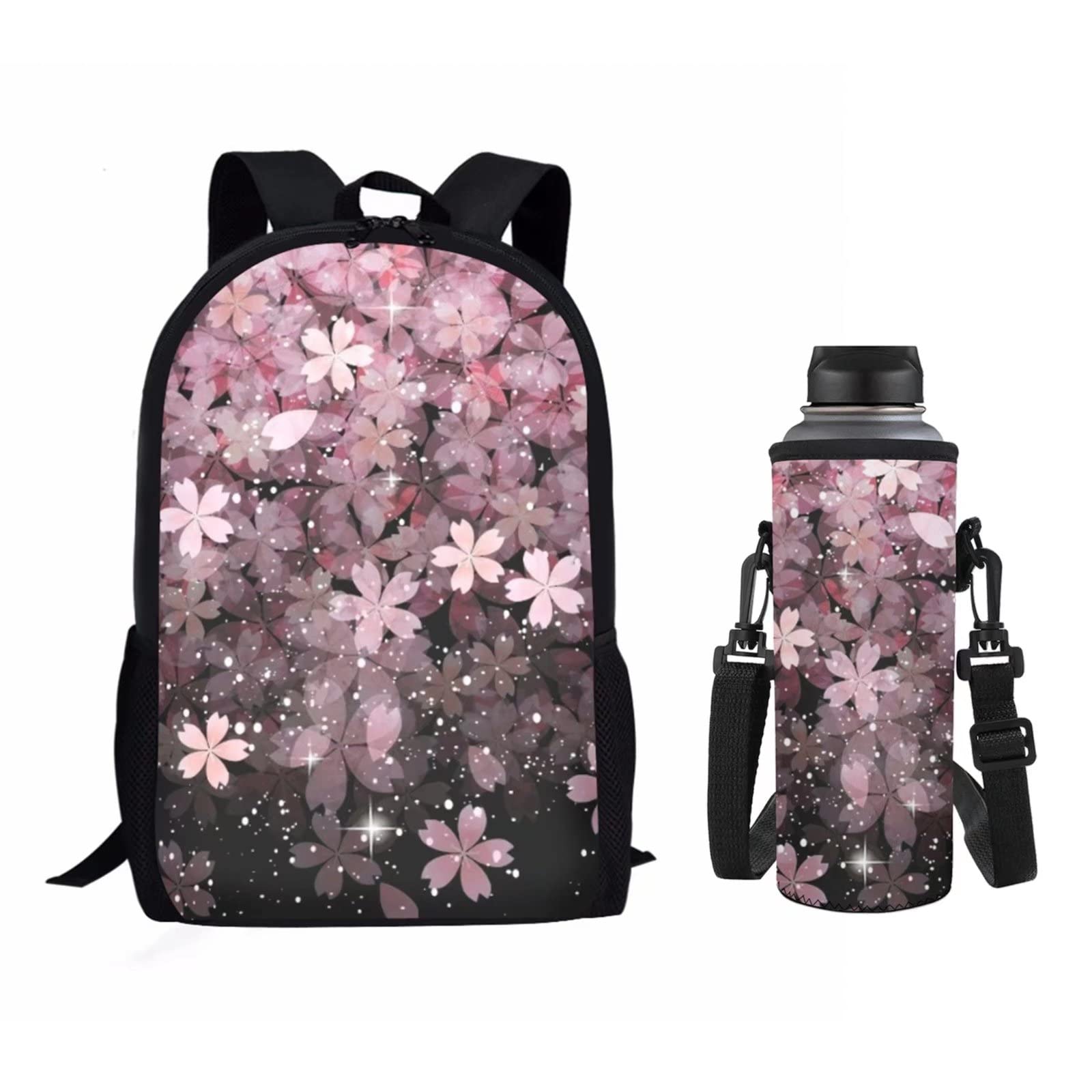 Pink Cherry Blossom Backpack and Water Bottle Holder Set for Girls, Teens & Women - Cute Floral 2-Piece School & Travel Accessories - Perfect for School, Hiking, Gym and Outdoor Adventures