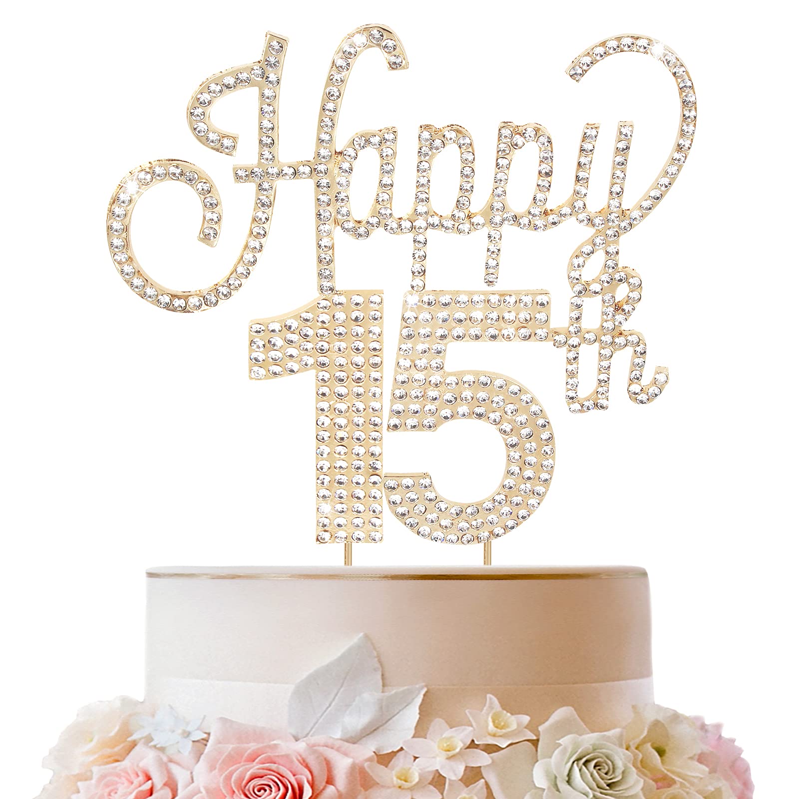 LINGTEER 15th Birthday Cake Topper - Gold Rhinestone Party Decorations for Sweet Sixteen, Anniversary & Milestone Celebrations - Perfect for Cake Centerpieces, Gift Signs & Special Occasions