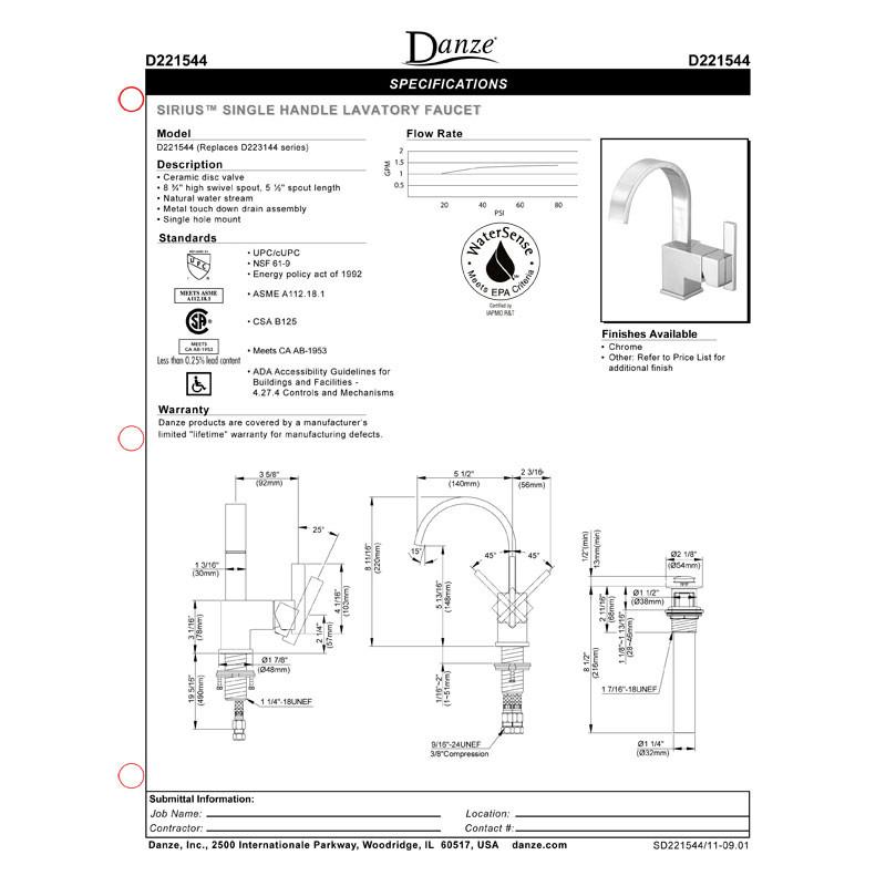 Danze Sirius Chrome 1 Single Handle Centerset Bathroom Faucet with Drain - Modern Water-Saving Bathroom Sink Faucet for Home, Hotel & Commercial Use