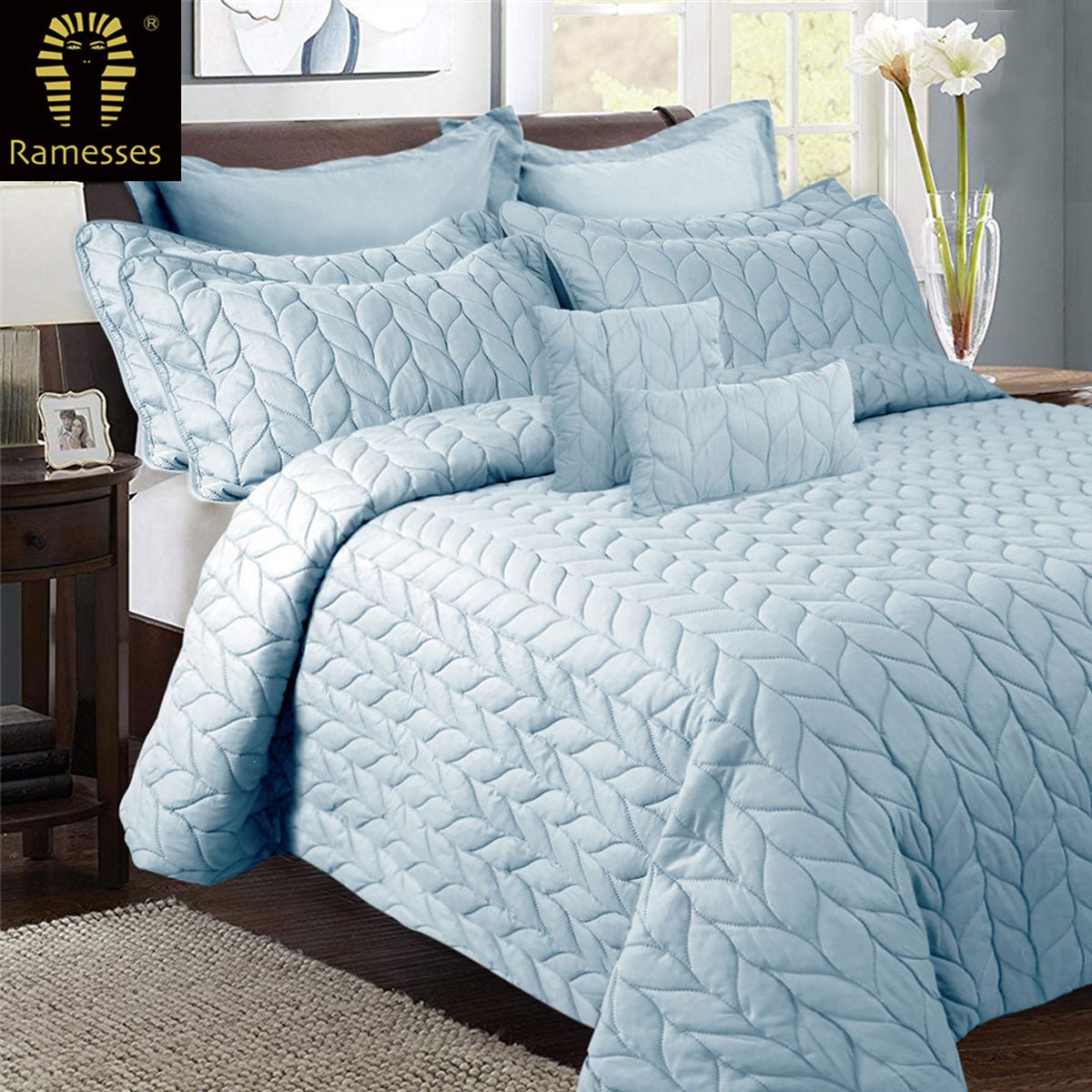 9-Piece Ultrasonic Comforter Set Queen Size - Steel Blue Luxury Bedding for Cozy Sleep & Home Decor