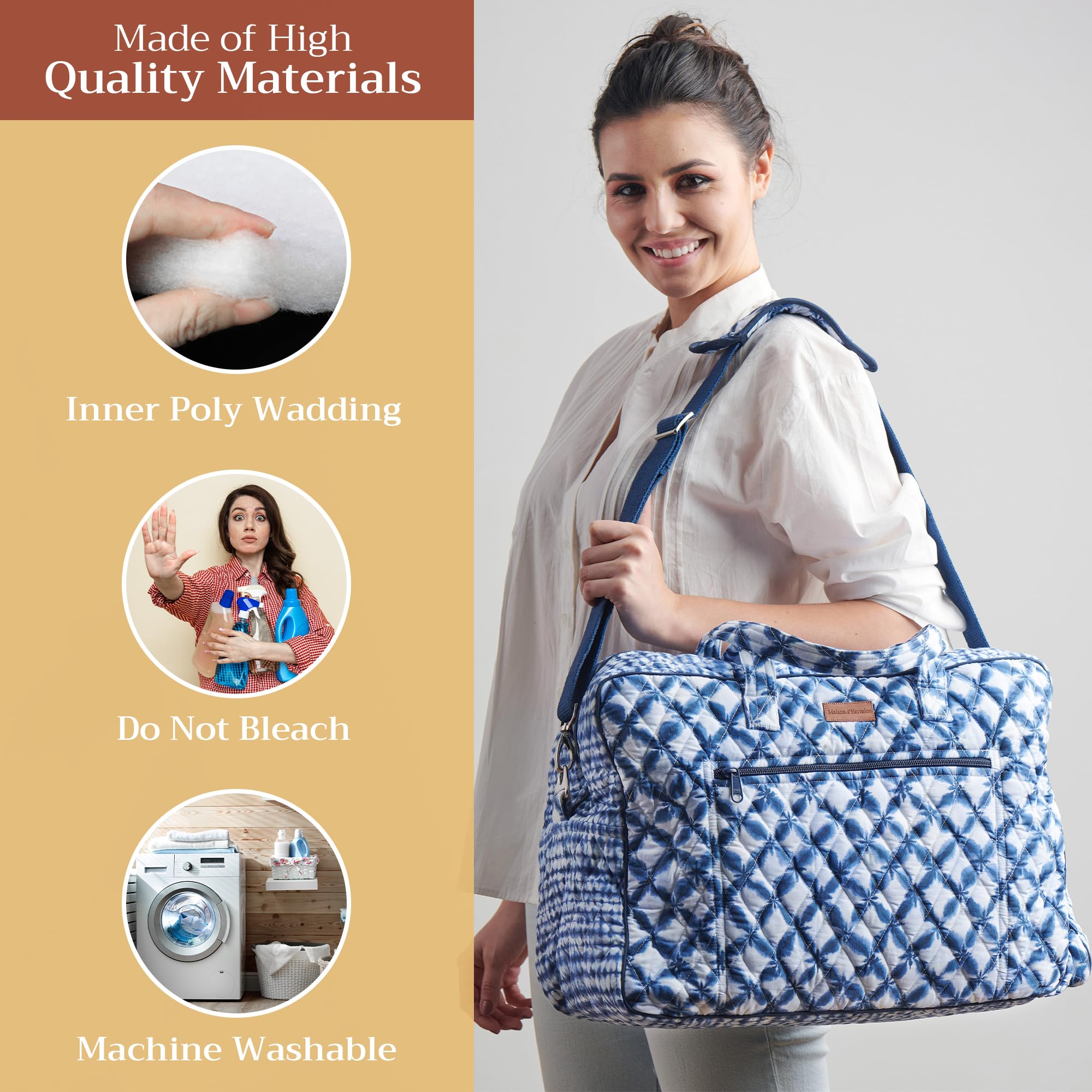 Hermine Weekend Bag - Cotton Quilted Duffel Overnight Luggage for Travel, Gym & Business | Perfect Gift for Men & Women | Great for Family Trips & Business Travel | Shibori Pattern | Durable & Stylish Weekender Bag for Workouts, Vacations & Commuting