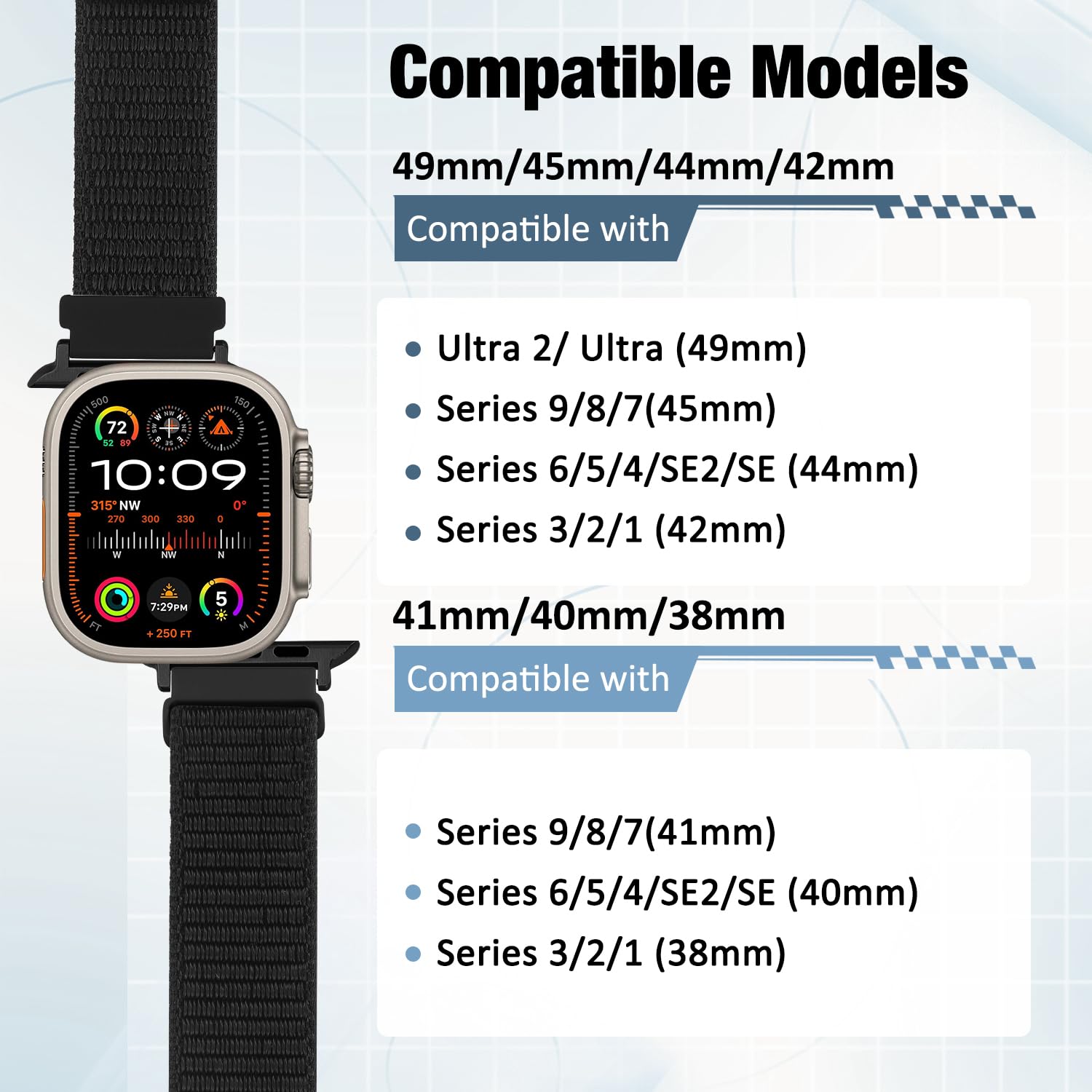 BTTNG Nylon Bands for Apple Watch - Compatible with Ultra/Ultra 2/Series SE 10 9 8 7 6 5 4 3 2 1 (49mm 45mm 44mm 42mm 41mm 40mm 38mm) - Breathable Sport Strap for Men & Women - Perfect for Running, Gym & Outdoor Activities