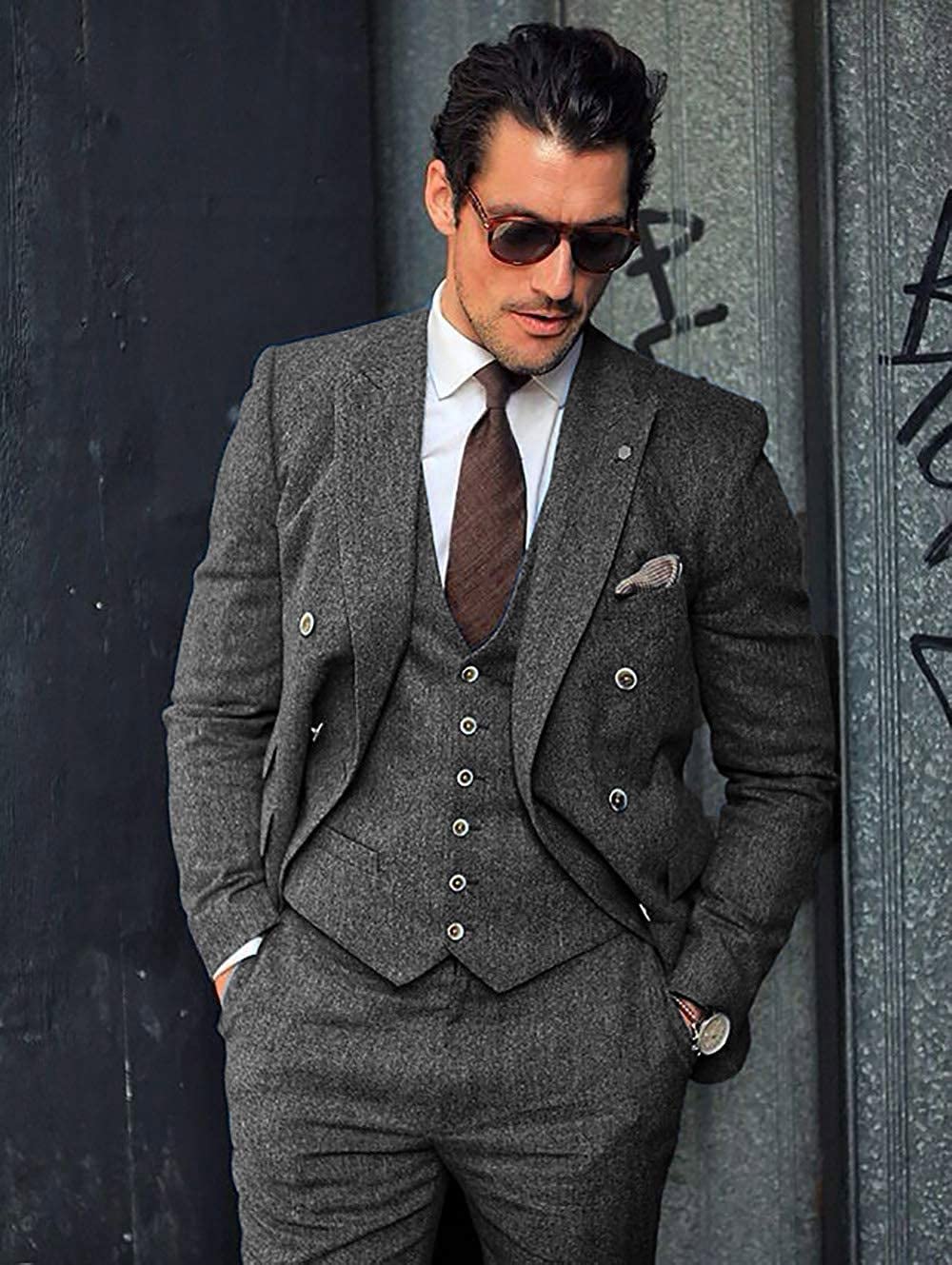 SOLOVEDREND Men's Classic 3-Piece Wool Tweed Suit Set with Peak Lapel - Blazer, Vest & Pants for Wedding, Groomsmen & Formal Events | Perfect for Business, Cocktail Parties & Special Occasions