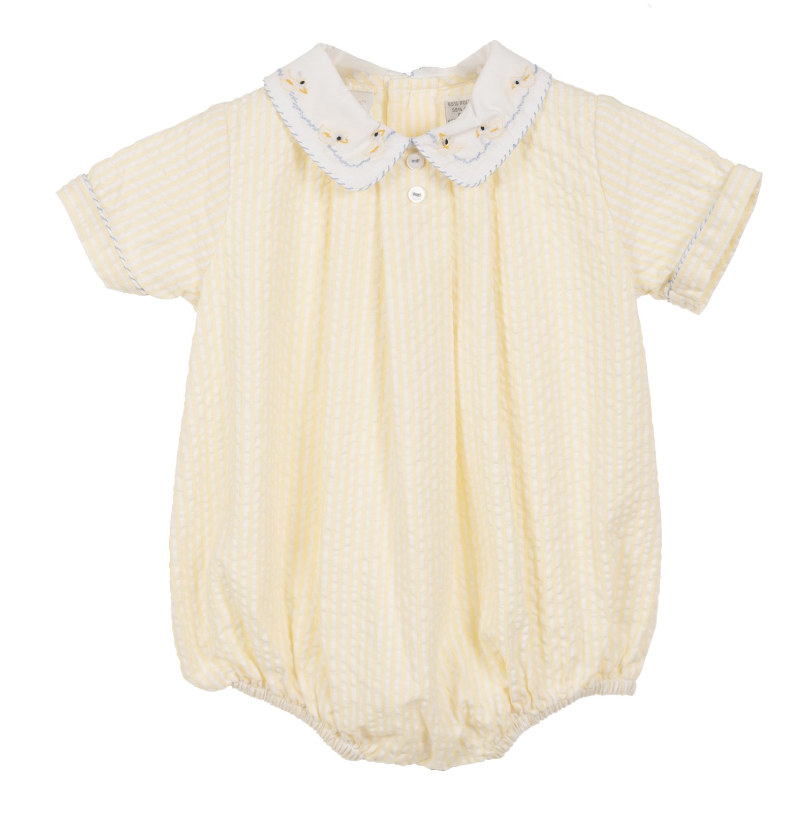 Baby Short Romper - Light Yellow Seersucker Hand Embroidered Duck Collar Outfit for Easter, Summer & Photoshoots | Newborn Infant Toddler Casual Wear