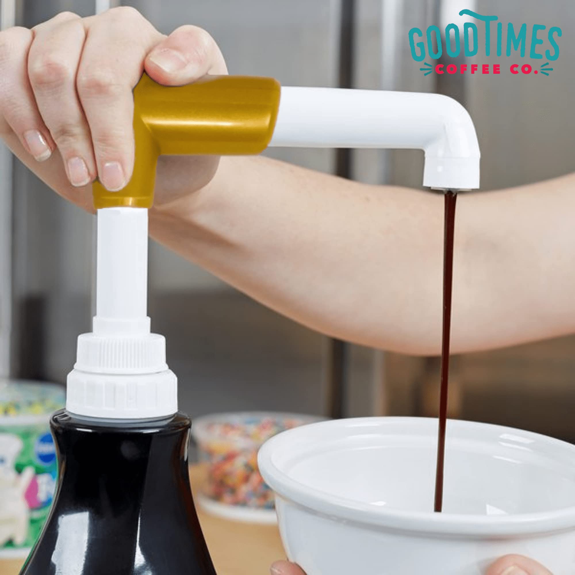 Good Times Coffee Co. Sauce Pump Dispenser (2-Pack) - Fits 87.3 to 90.4 Ounce Bottles - Gold Finish - Perfect for Coffee Shops, Restaurants & Home Kitchens