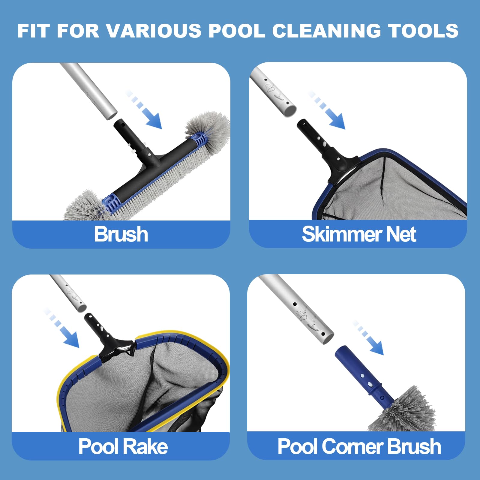 Poolvio 5-in-1 Pool Cleaning Kit - Semi-Deep Skimmer Net, Aluminum Leaf Rake, 20' Brush with 13ft Adjustable Pole - Perfect for Inground & Above Ground Pool Maintenance