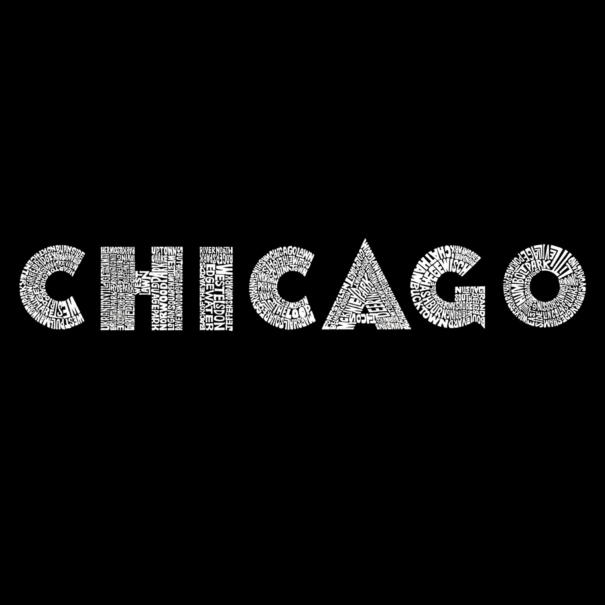 LA POP ART Women's Premium Word Art Flowy Tank Top - Chicago Neighborhoods Graphic Tee | Soft Casual Summer T-Shirt for Women | Perfect for Street Style, Music Festivals & Urban Outfits