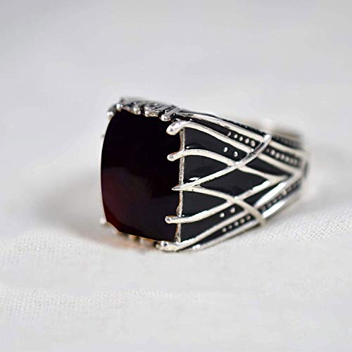 925 Sterling Silver Men's Garnet Gemstone Ring with Black Enamel - Handmade Biker Statement Ring - Natural Stone Jewelry Gift for Husband (Perfect for Weddings, Anniversaries & Special Occasions)