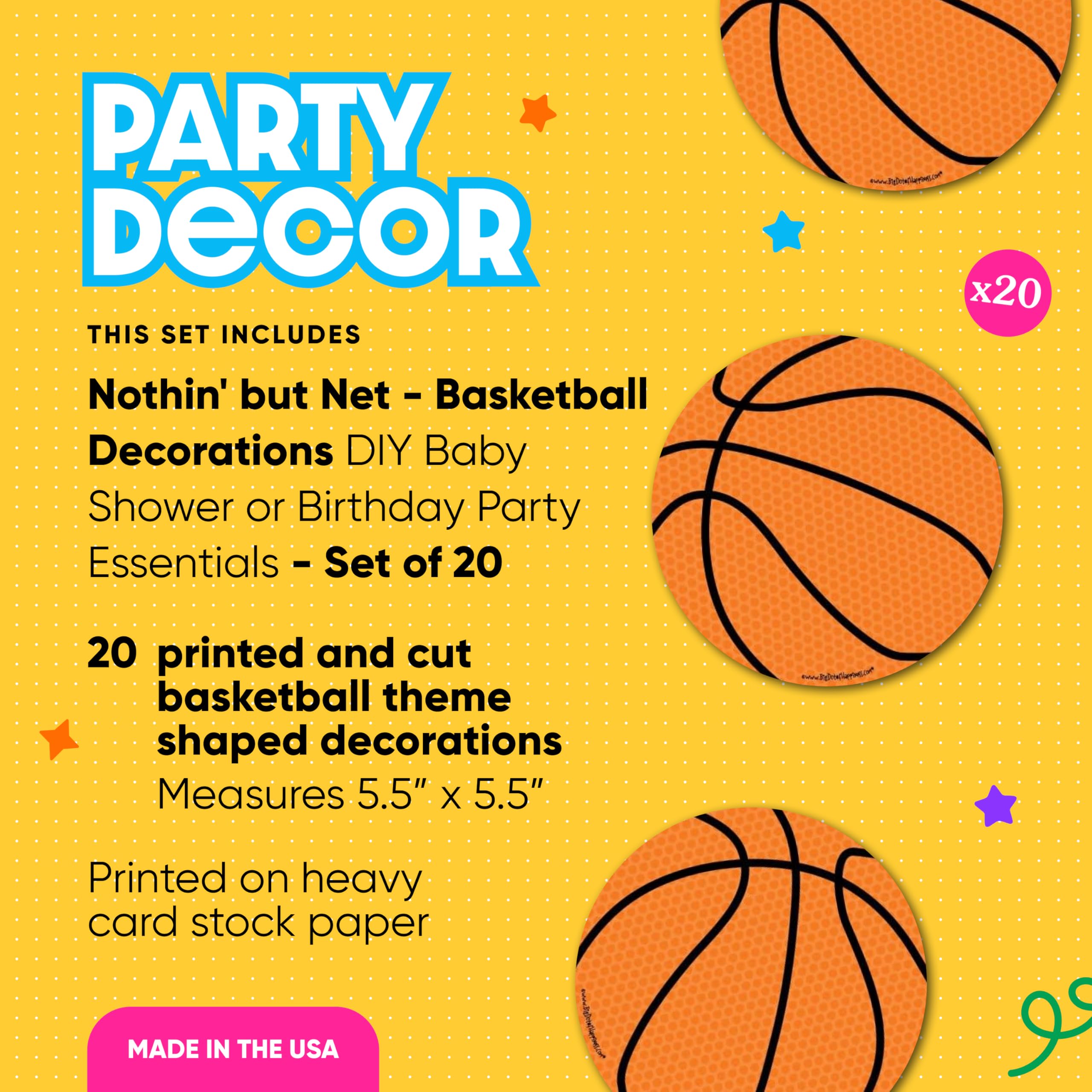 Big Dot of Happiness Nothin' but Net - 20-Piece Basketball Party Decorations Set for DIY Baby Showers & Birthday Parties - Perfect for Sports-Themed Celebrations, Nursery Decor, and Game Room Accents