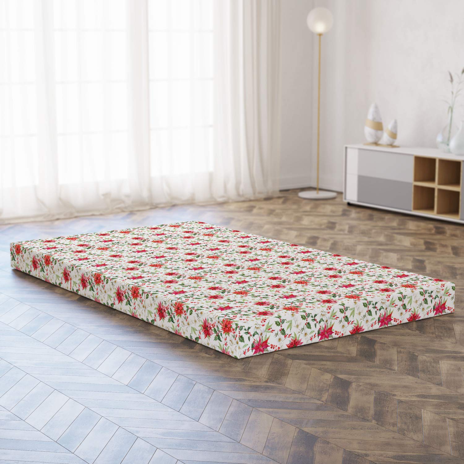 Ambesonne Floral Foldable Mattress | Christmas Flower Buds Design | 78.7
