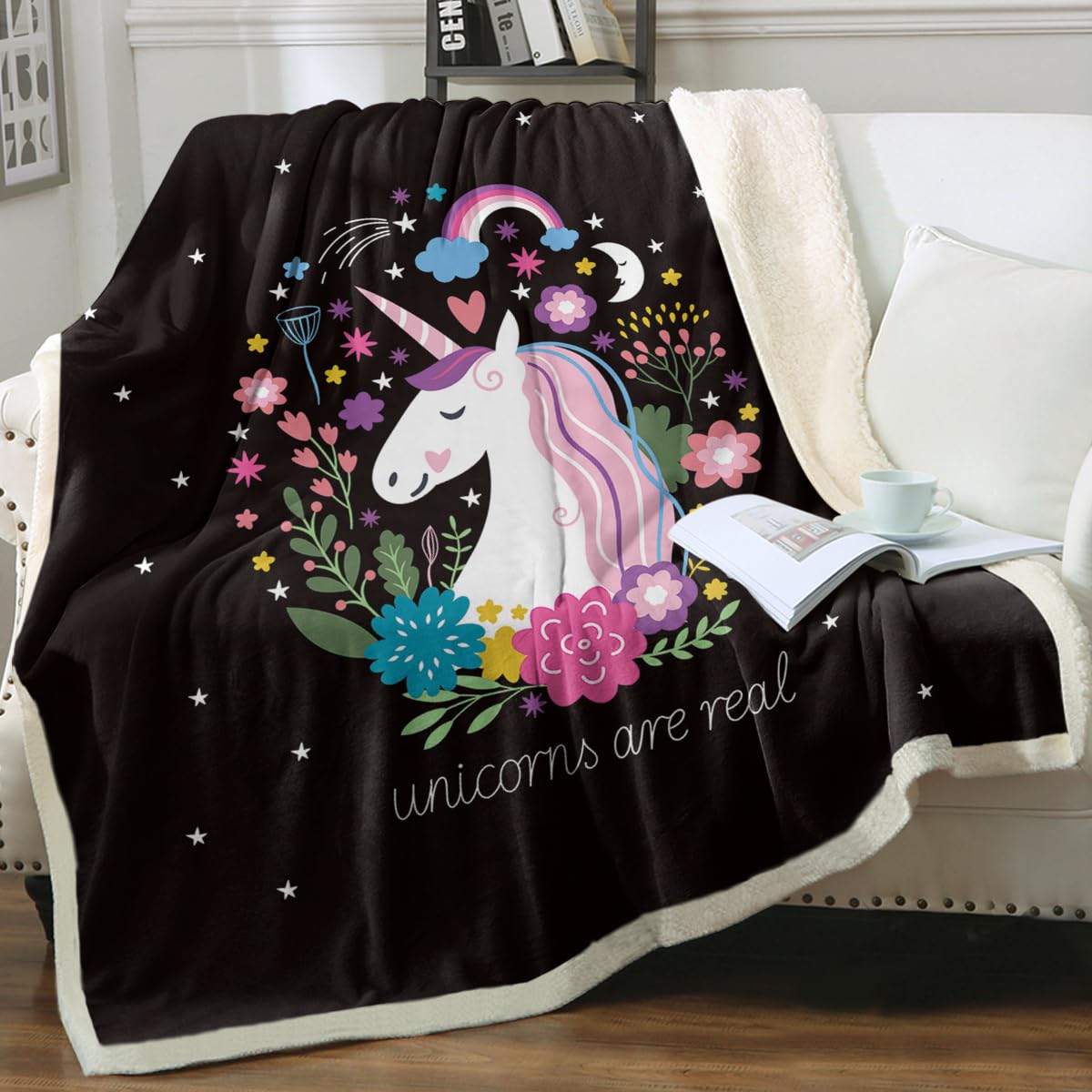 Cute Plush Unicorn Fleece Blanket - Soft Cartoon Unicorn with Flowers Design, Black Sherpa Blanket for Kids, Adults & Women (30x40 inches) - Perfect for Bedroom, Nursery, Sofa & Gift Giving