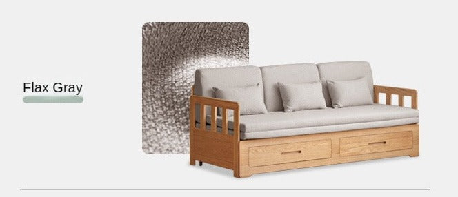Solid Oak Wood Sofa Bed with Folding & Retractable Storage | Convertible Sleeper for Small Spaces, Guest Rooms & Apartments