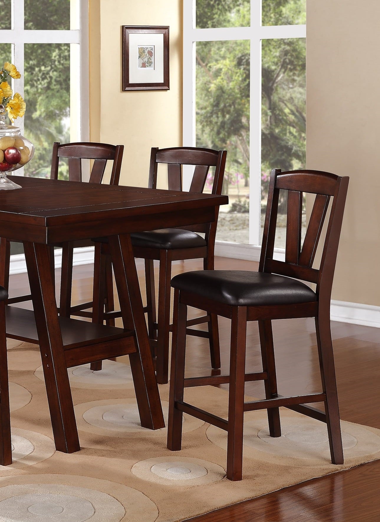 Dark Walnut Wood Framed Counter Height Dining Chairs Set of 2 - Cushioned Breakfast Nook & Kitchen Island Stools for Modern Farmhouse Decor