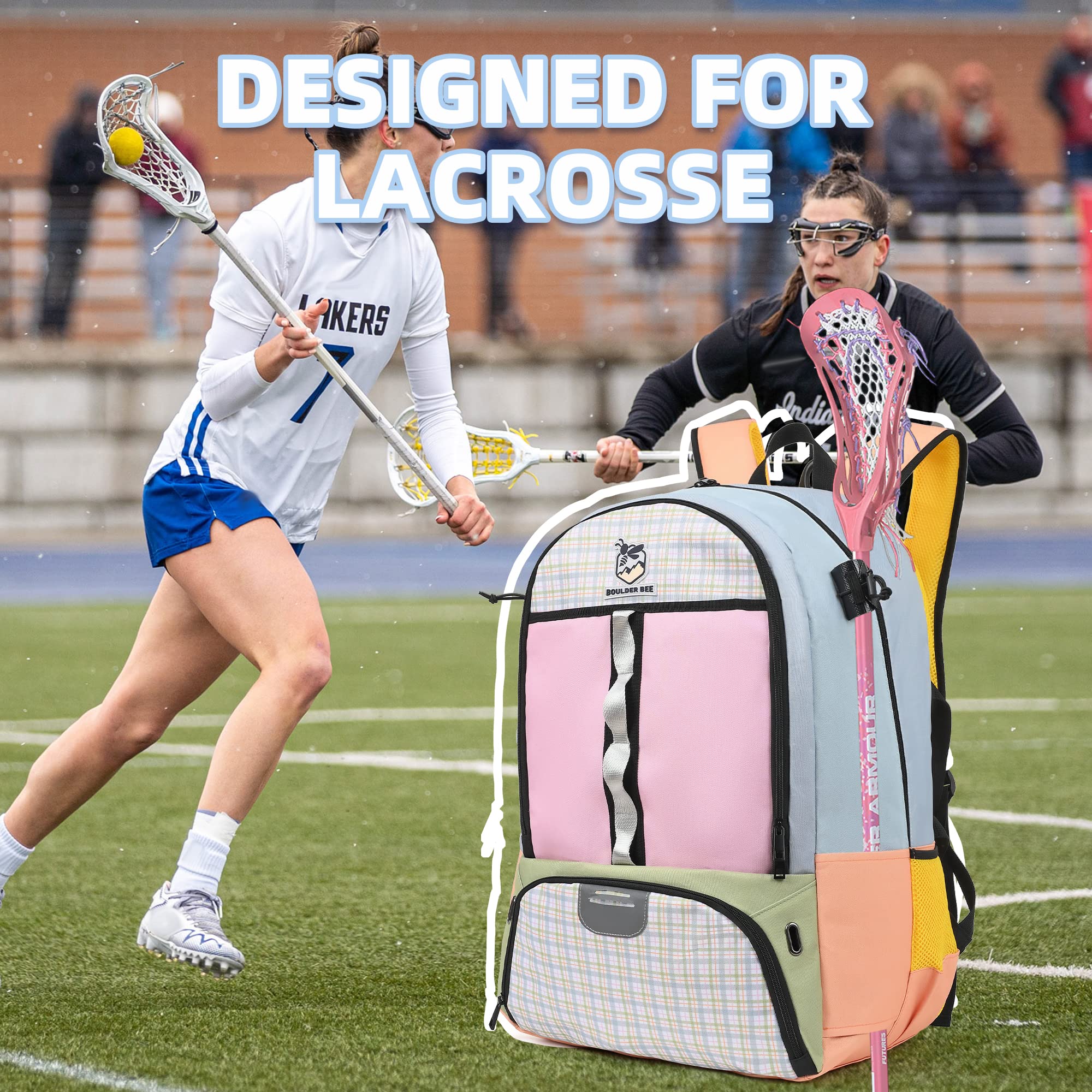 Boulder Bee Lacrosse Backpack with Stick Holders - Durable Field Hockey Sports Bag for Women & Girls - Perfect for Training, Games & Travel Accessories