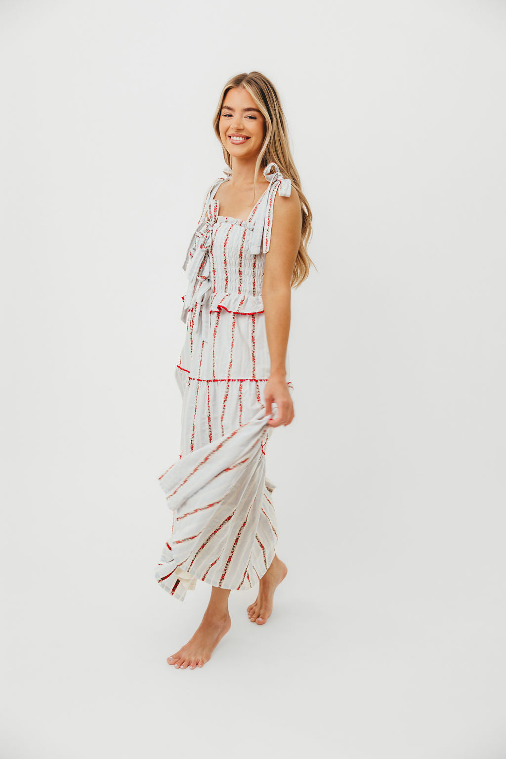 Tamara Floral Embroidered Maxi Dress - Red Flower Print Tiered Summer Dress for Women | Perfect for Beach Vacations, Weddings & Boho Fashion