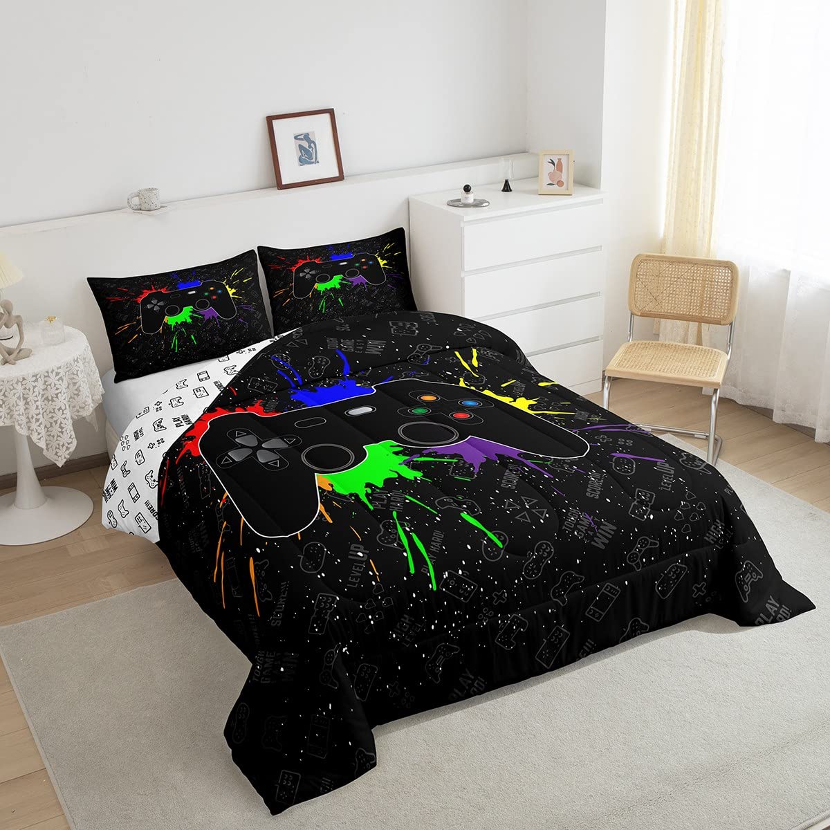 Manfei Gaming Gamepad Comforter Set Twin - 2pc Video Game Bedding for Kids & Teens | Watercolor Graffiti Tie-Dye Reversible Duvet with Pillowcase - Perfect for Gamer Room Decor & Sleepovers